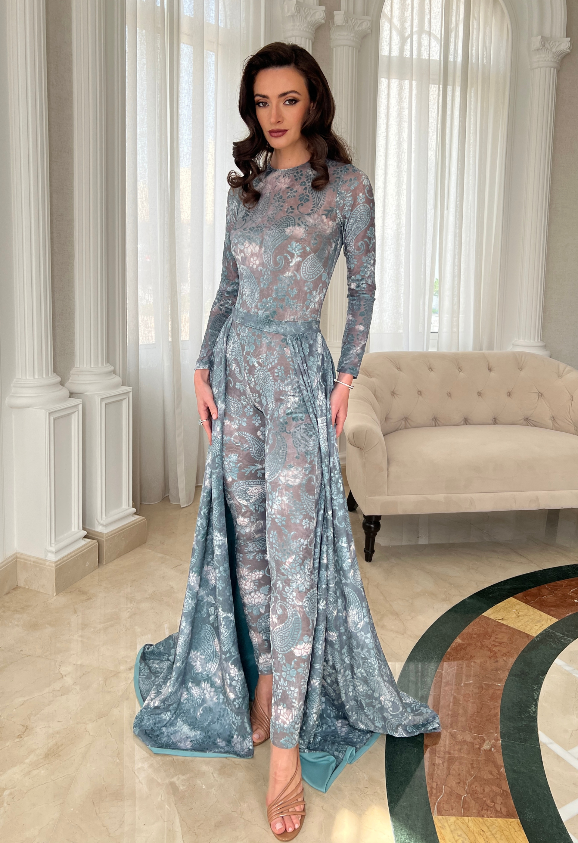 Jumpsuit with overskirt in burnout velvet