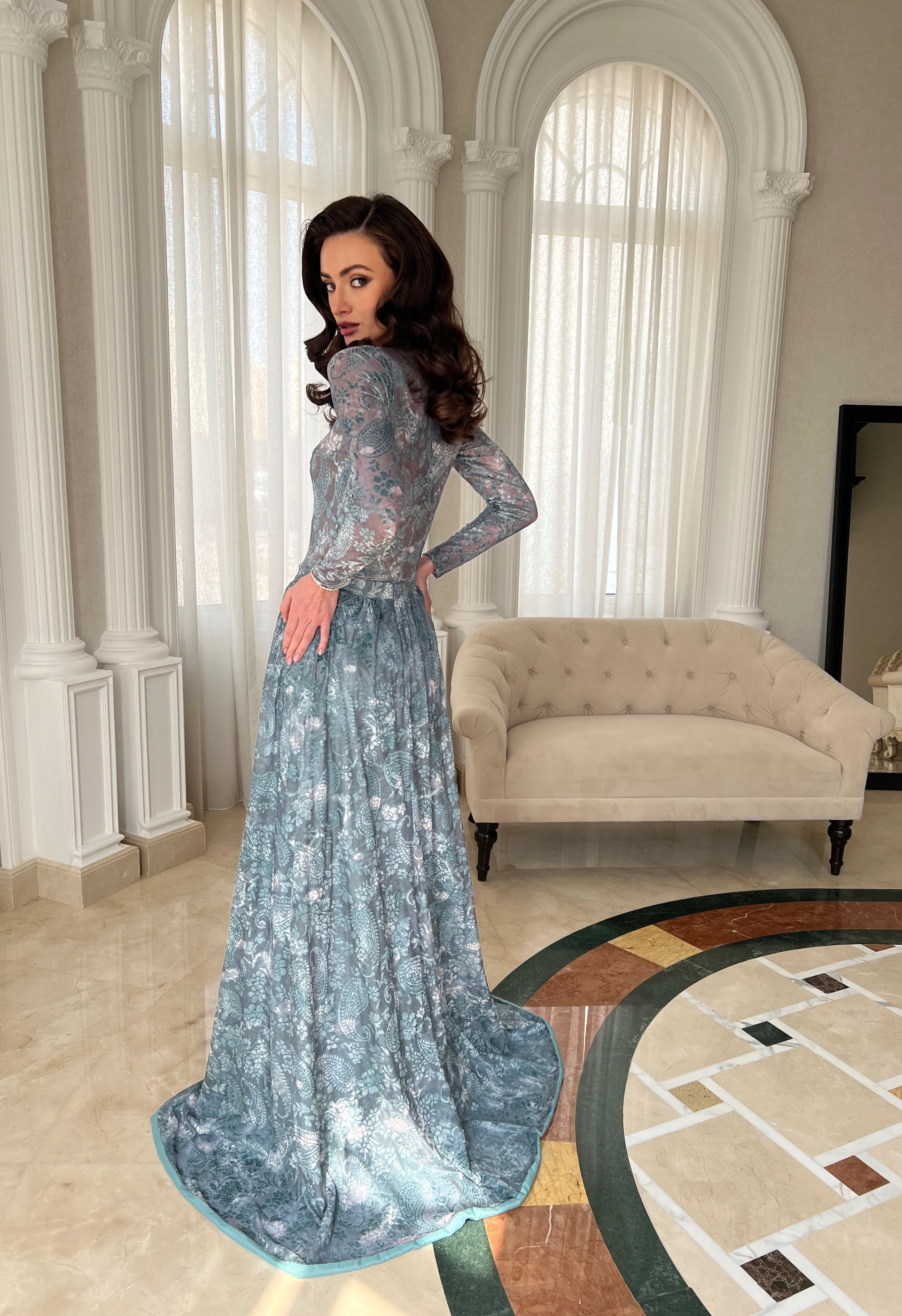 Jumpsuit with overskirt in burnout velvet