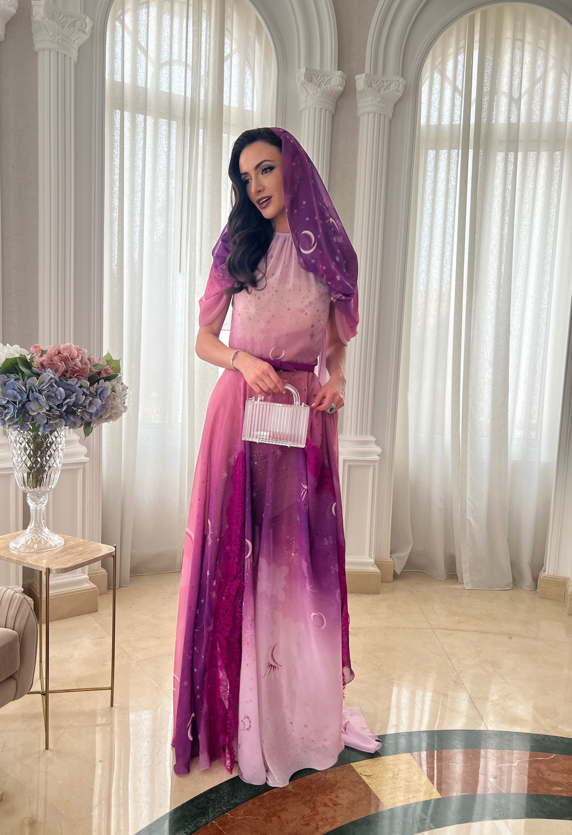 Gown in printed chiffon