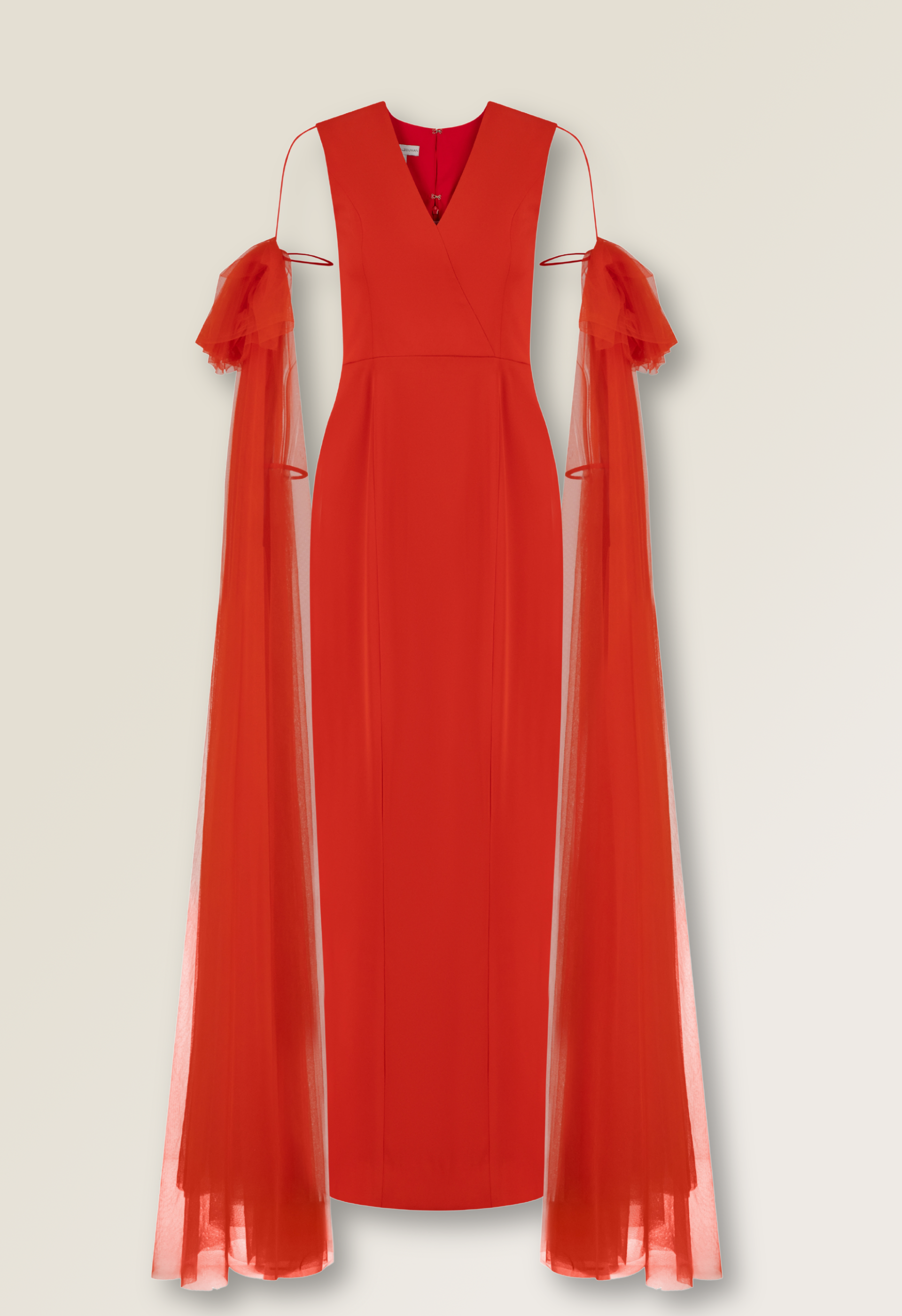 Red crepe gown with tulle drape