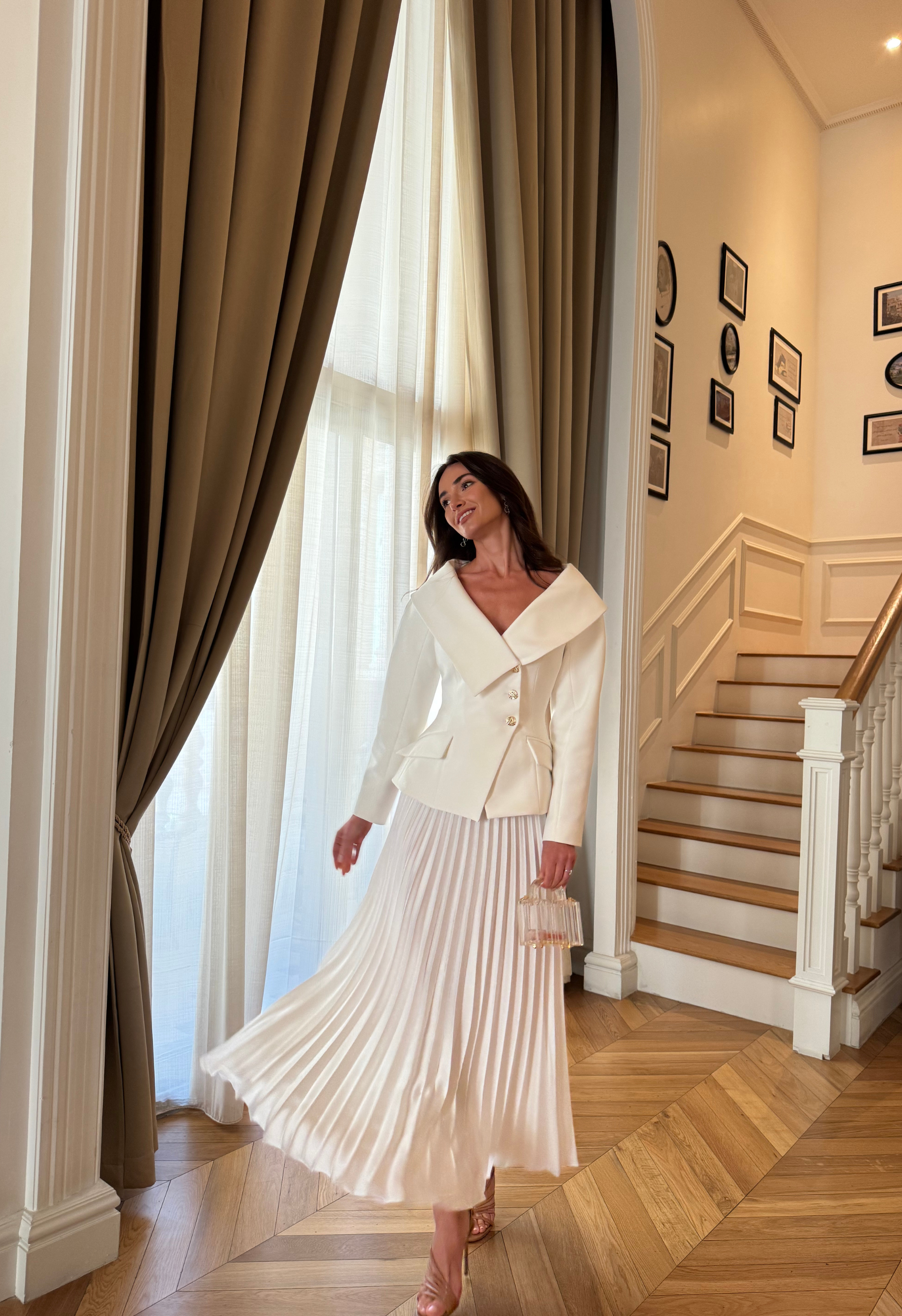 Pleated Blazer and Skirt in White