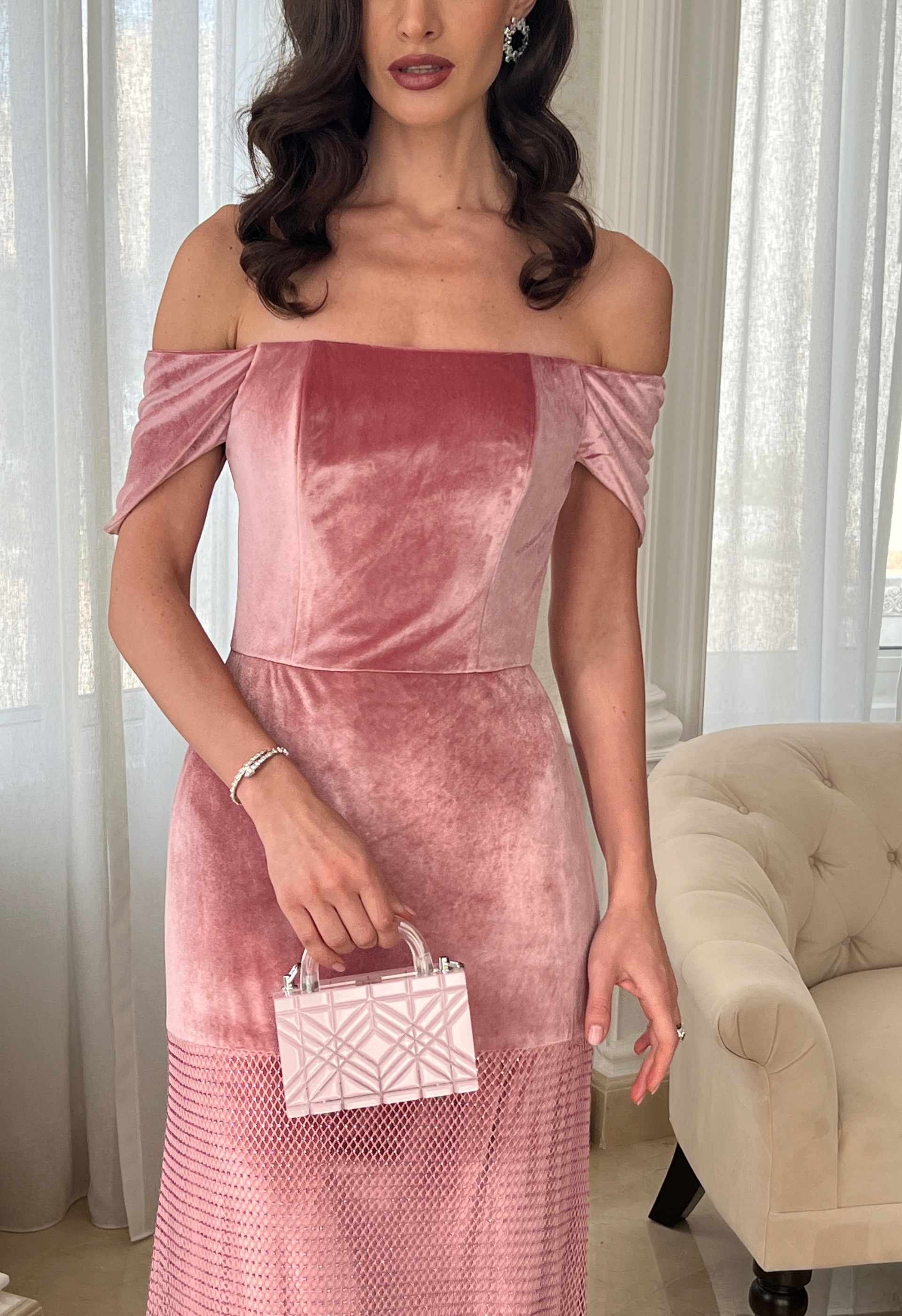 Velvet gown with rhinestone