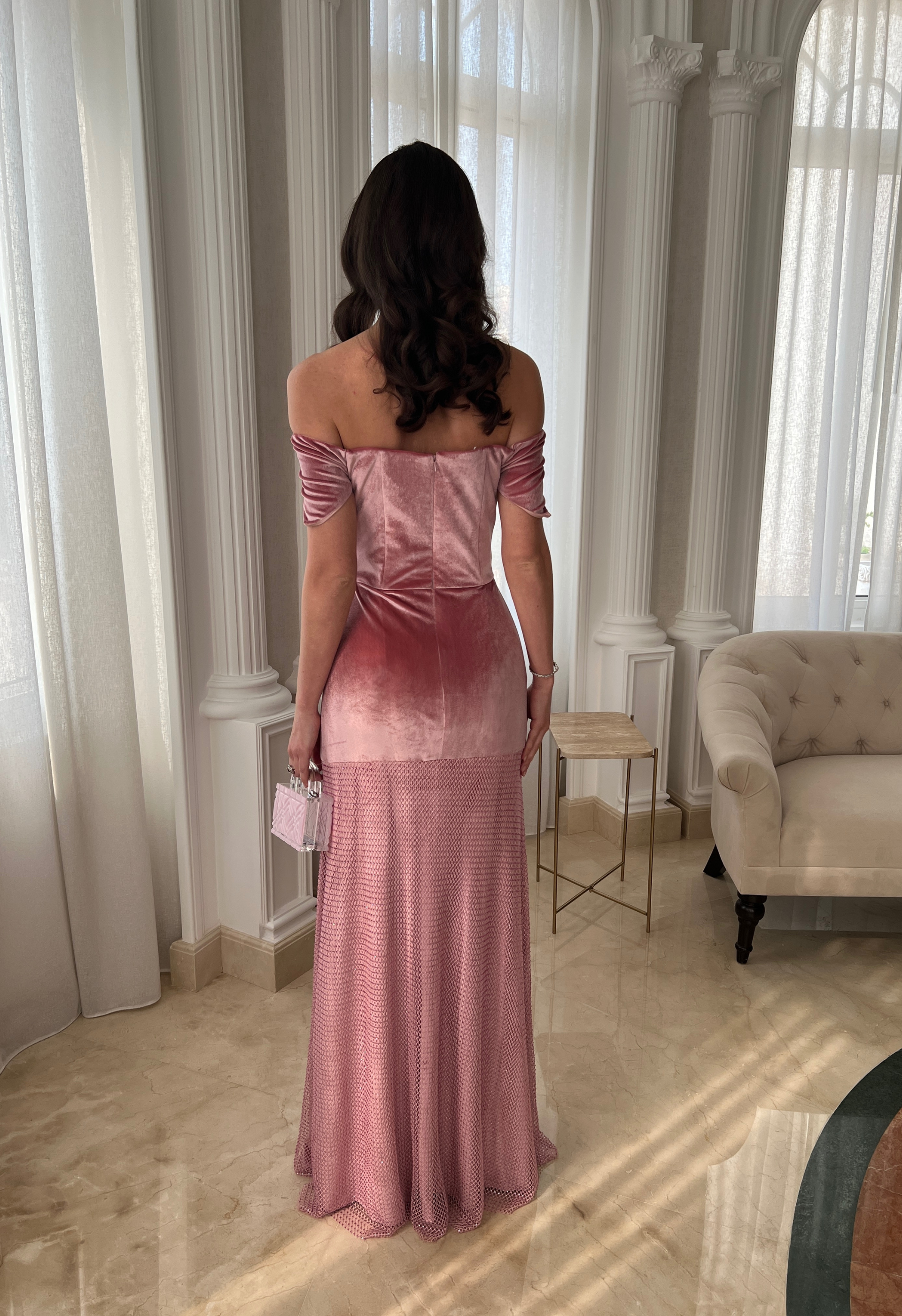 Velvet gown with rhinestone