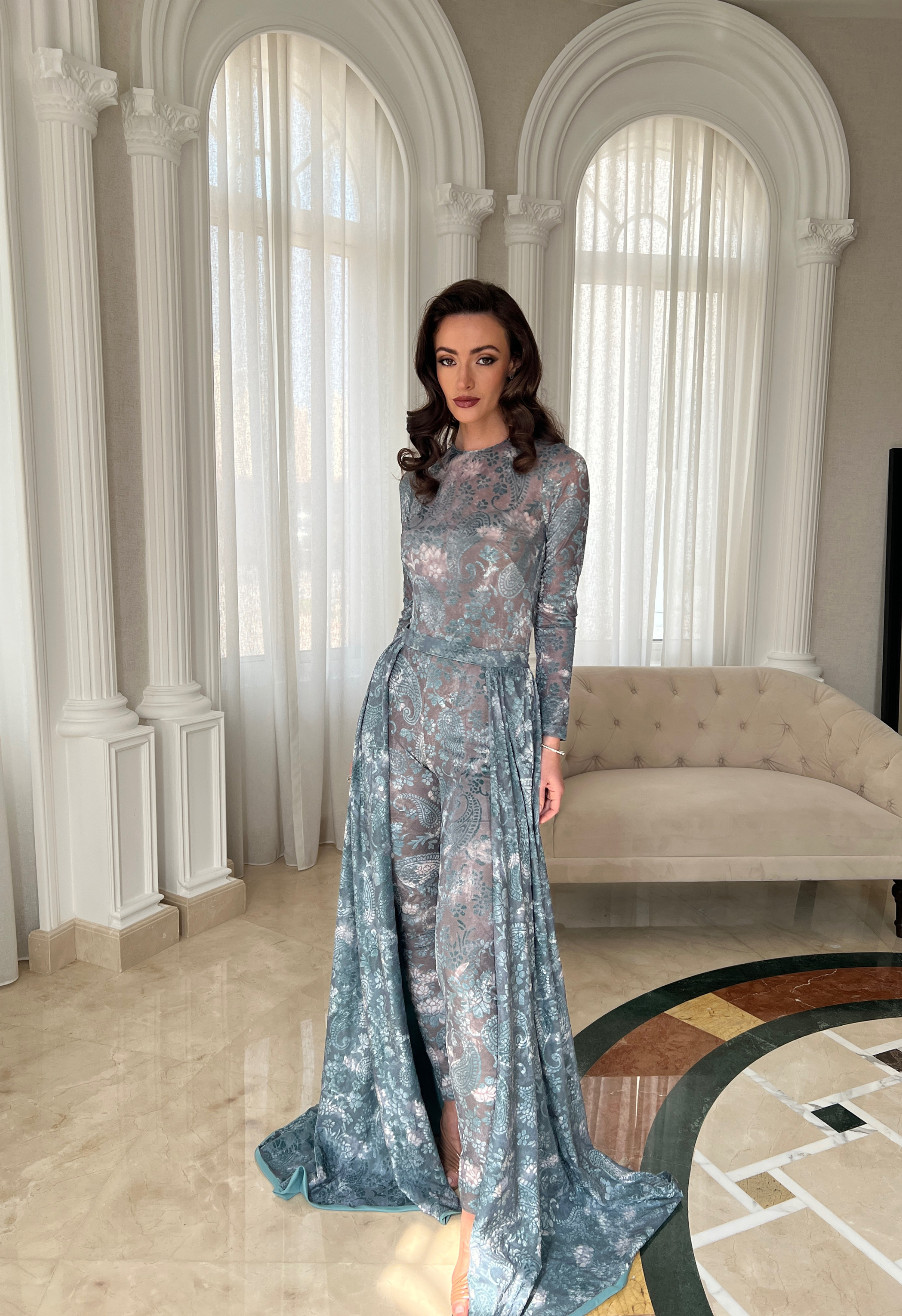 Jumpsuit with overskirt in burnout velvet