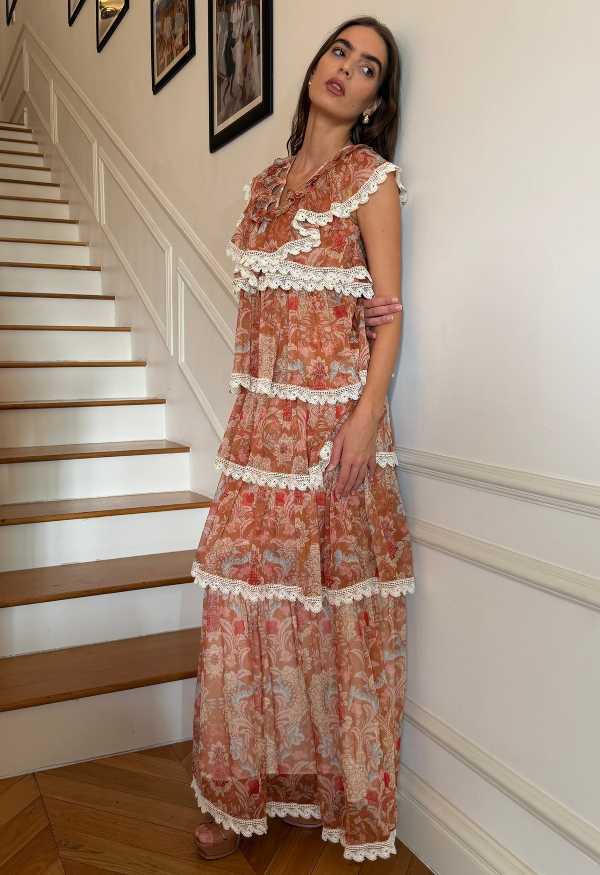 Baroque Lace Tiered Maxi Dress in Orange