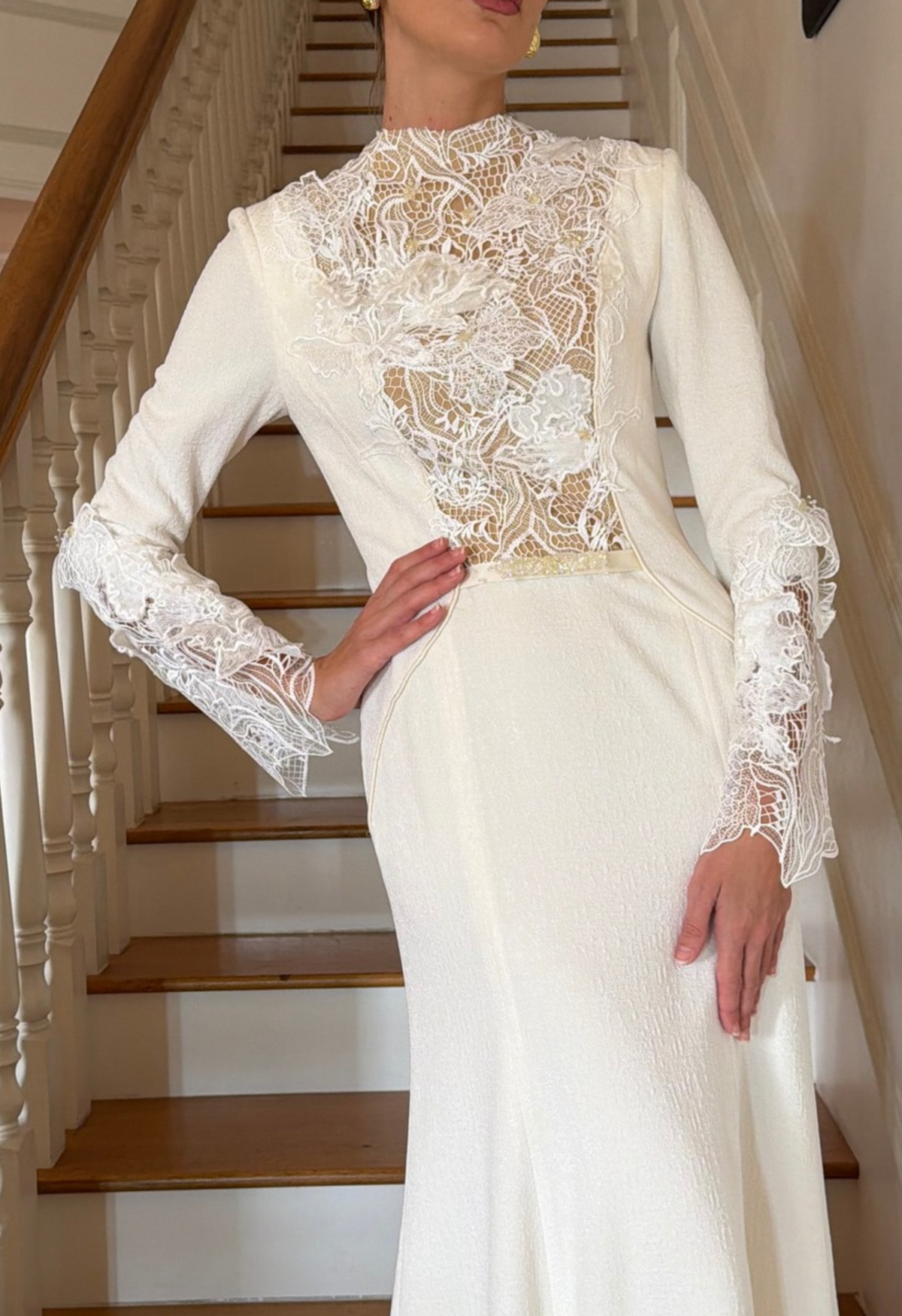 High Neck Lace Dress in Cream