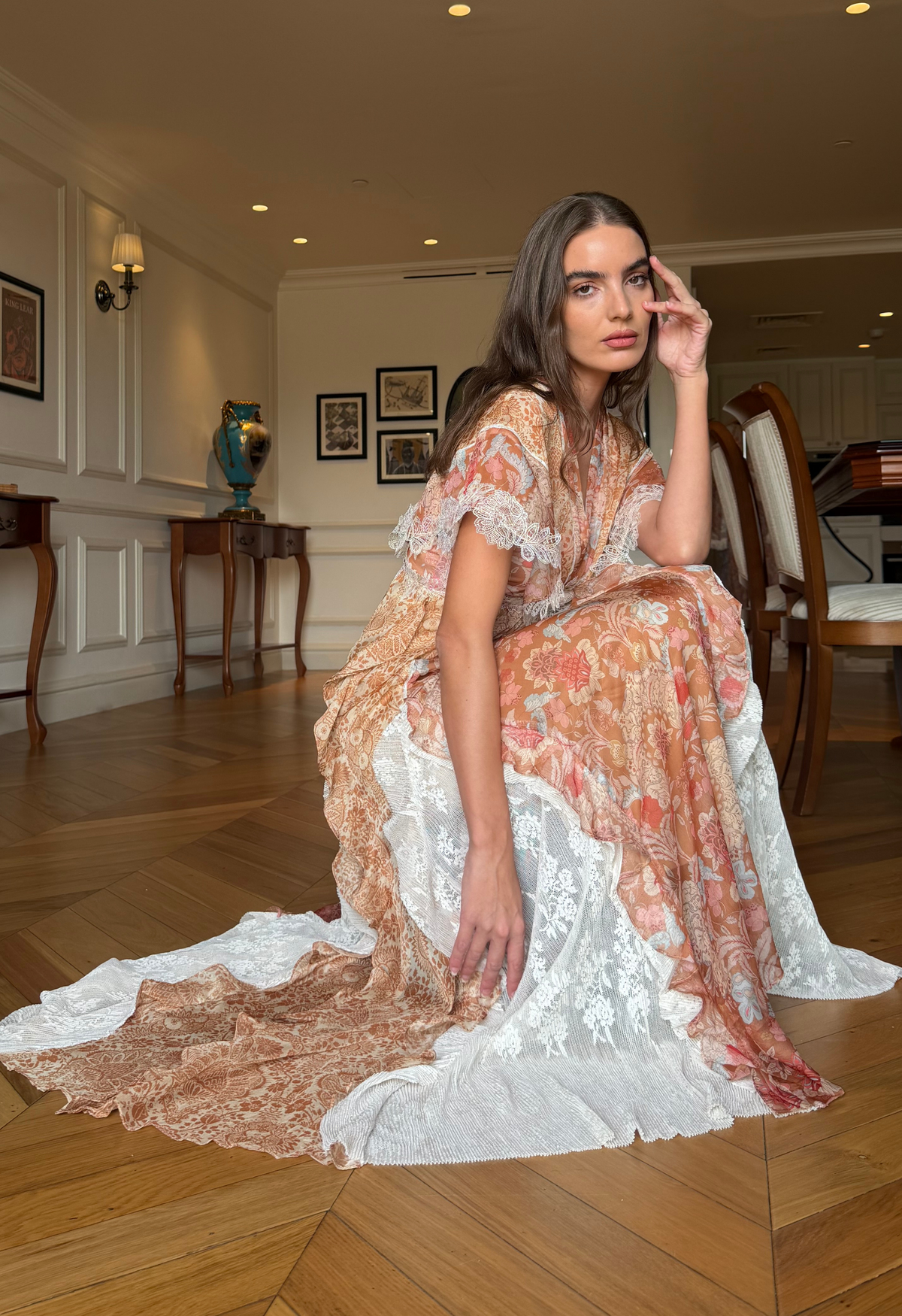 Baroque Lace Maxi Dress in Burnt Orange