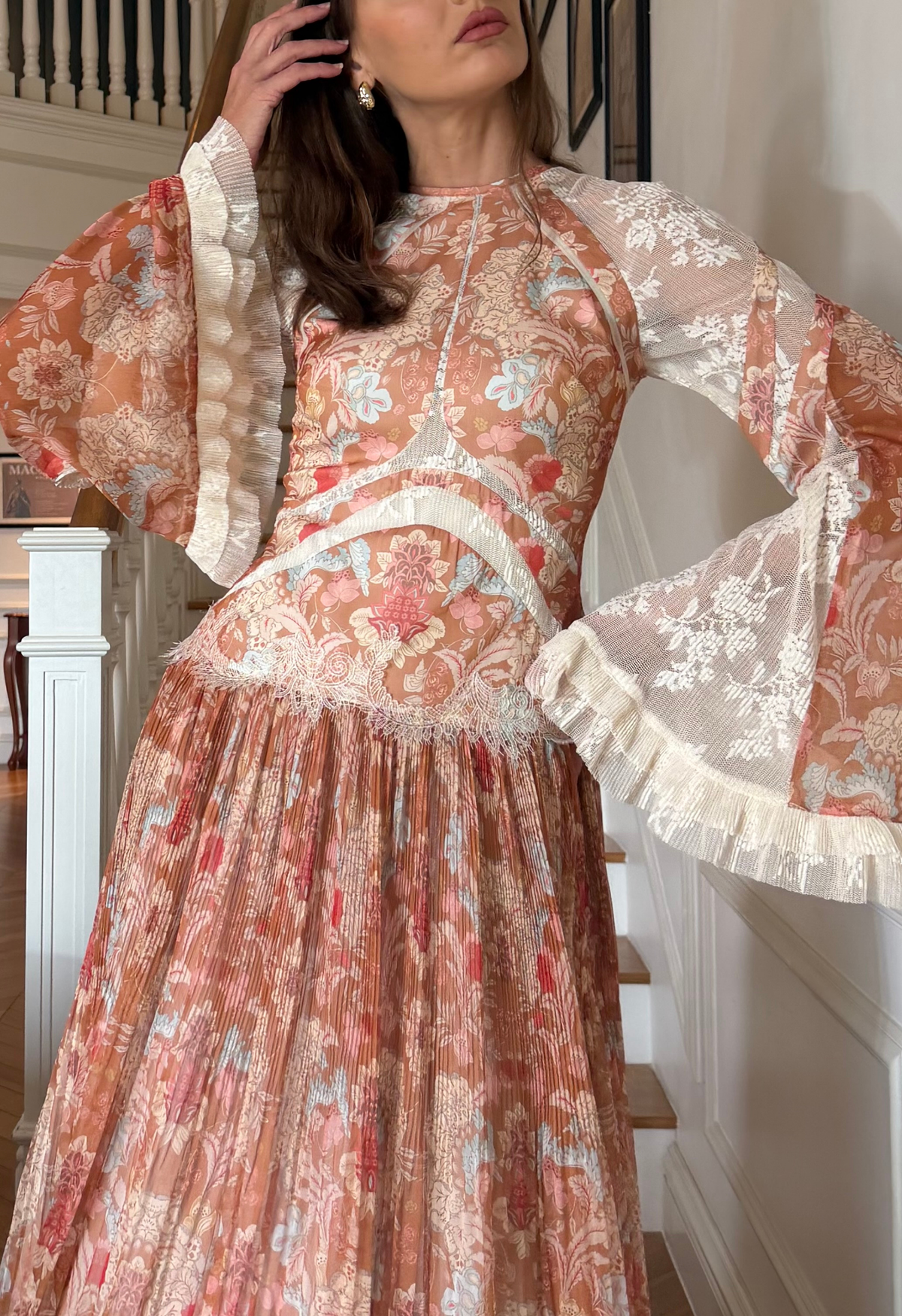 Baroque Pleated Maxi Dress in Burnt Orange