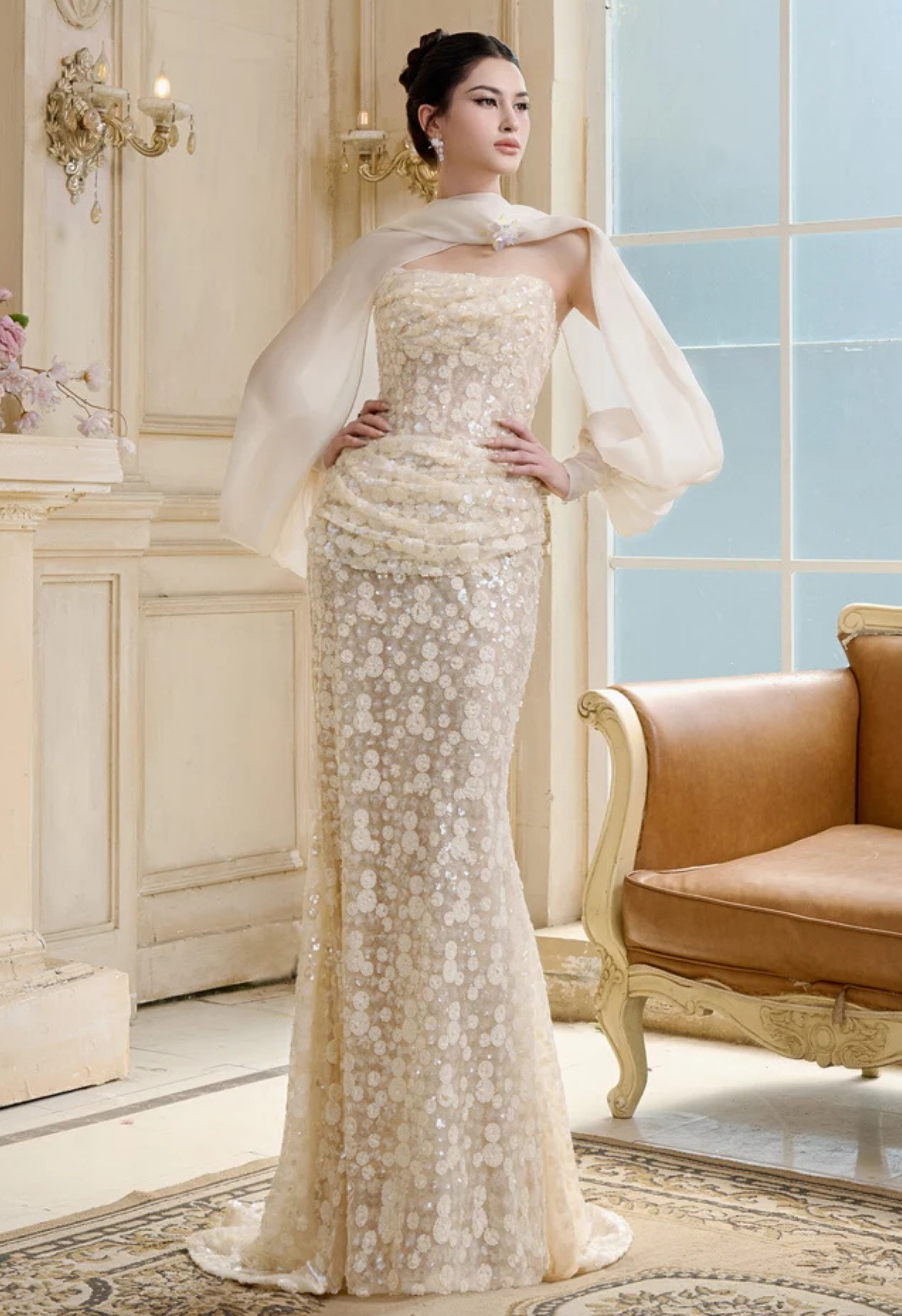 Solstice Floral Embellished Mermaid Gown with Cape