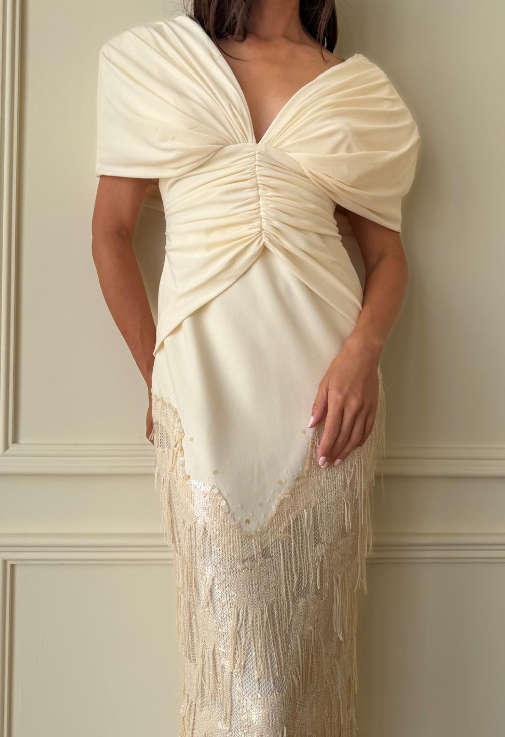 Deep V Fringe-Trimmed Long Dress