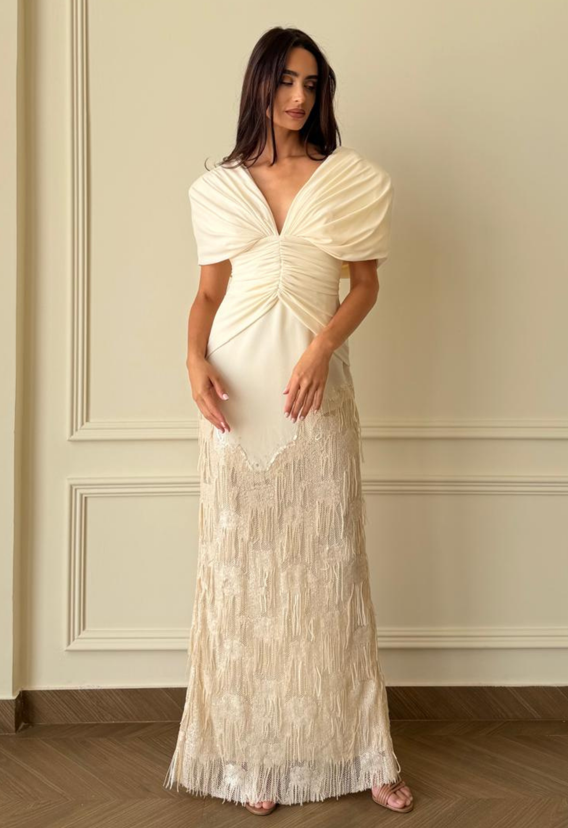 Deep V Fringe-Trimmed Long Dress