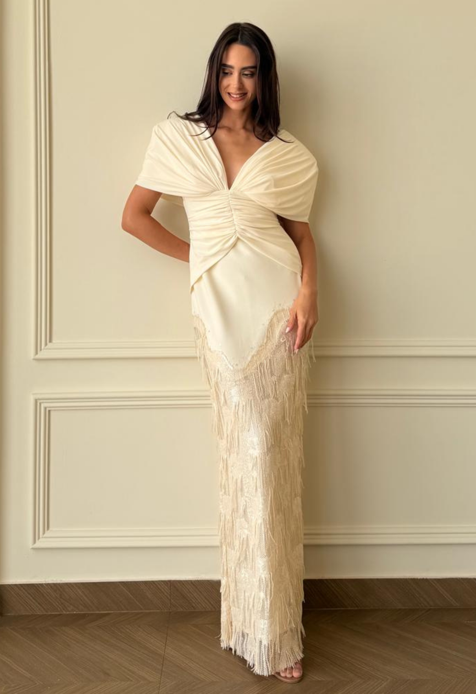 Deep V Fringe-Trimmed Long Dress