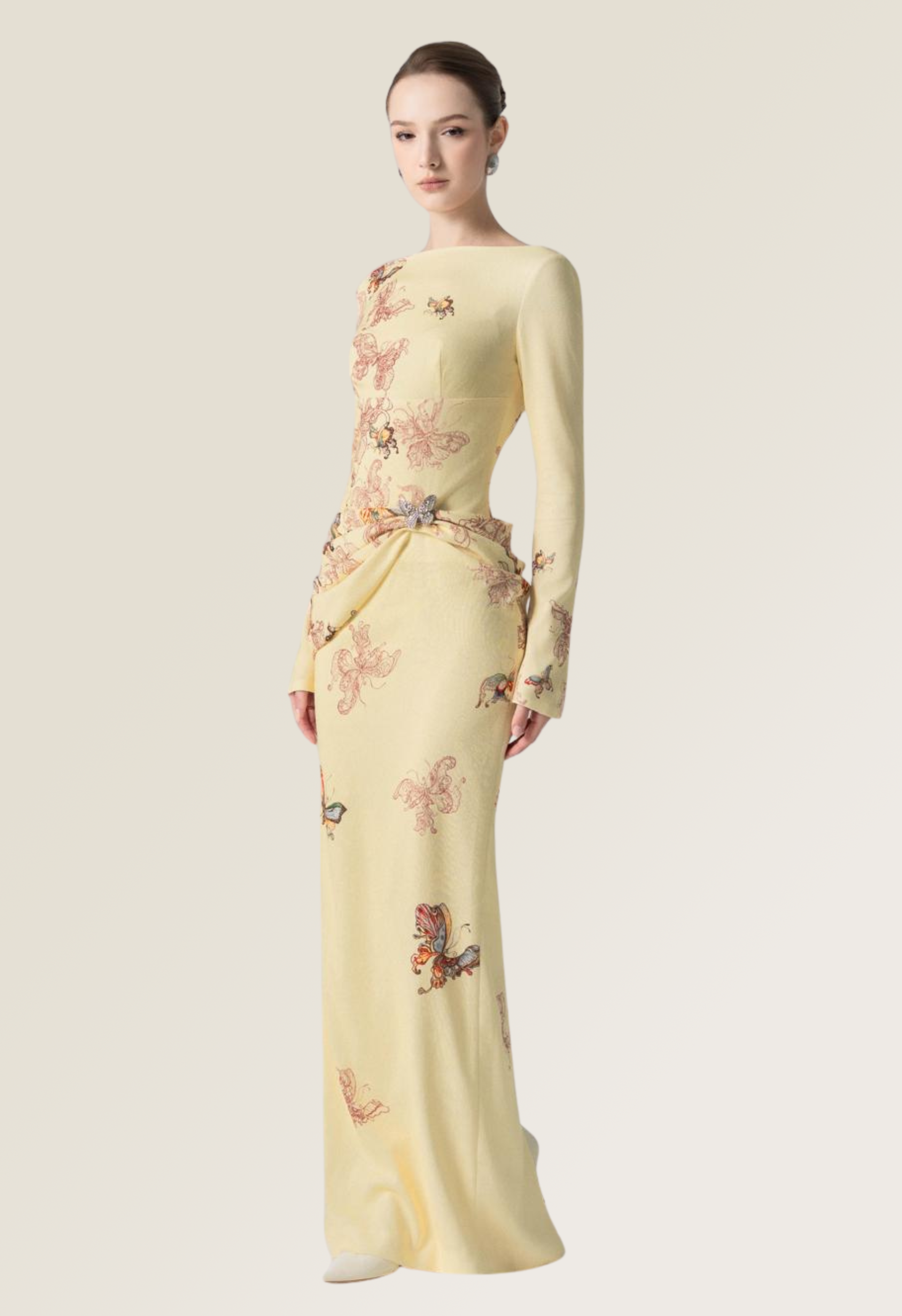 Butterfly Veil Pencil Dress in Almond Oil