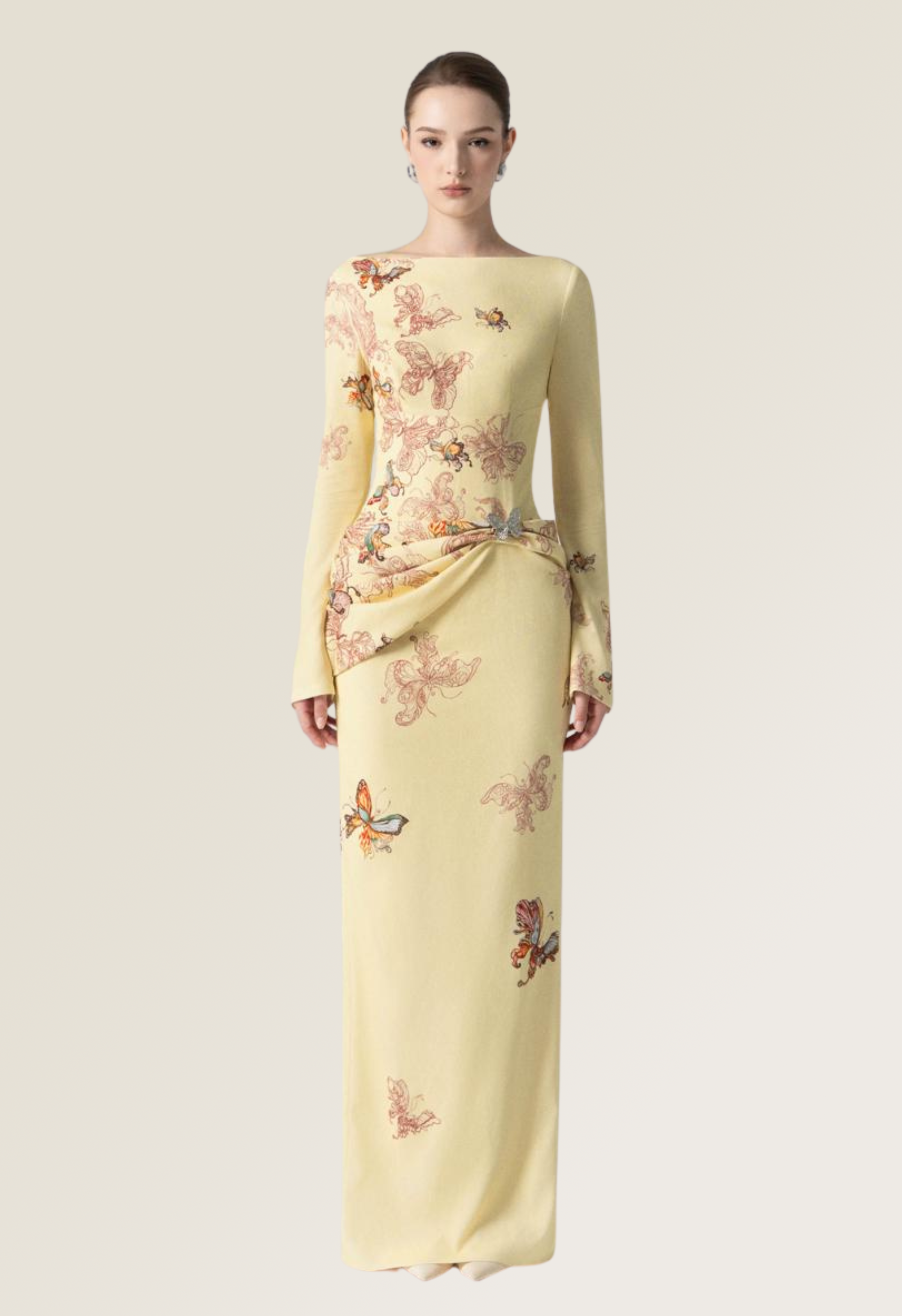 Butterfly Veil Pencil Dress in Almond Oil