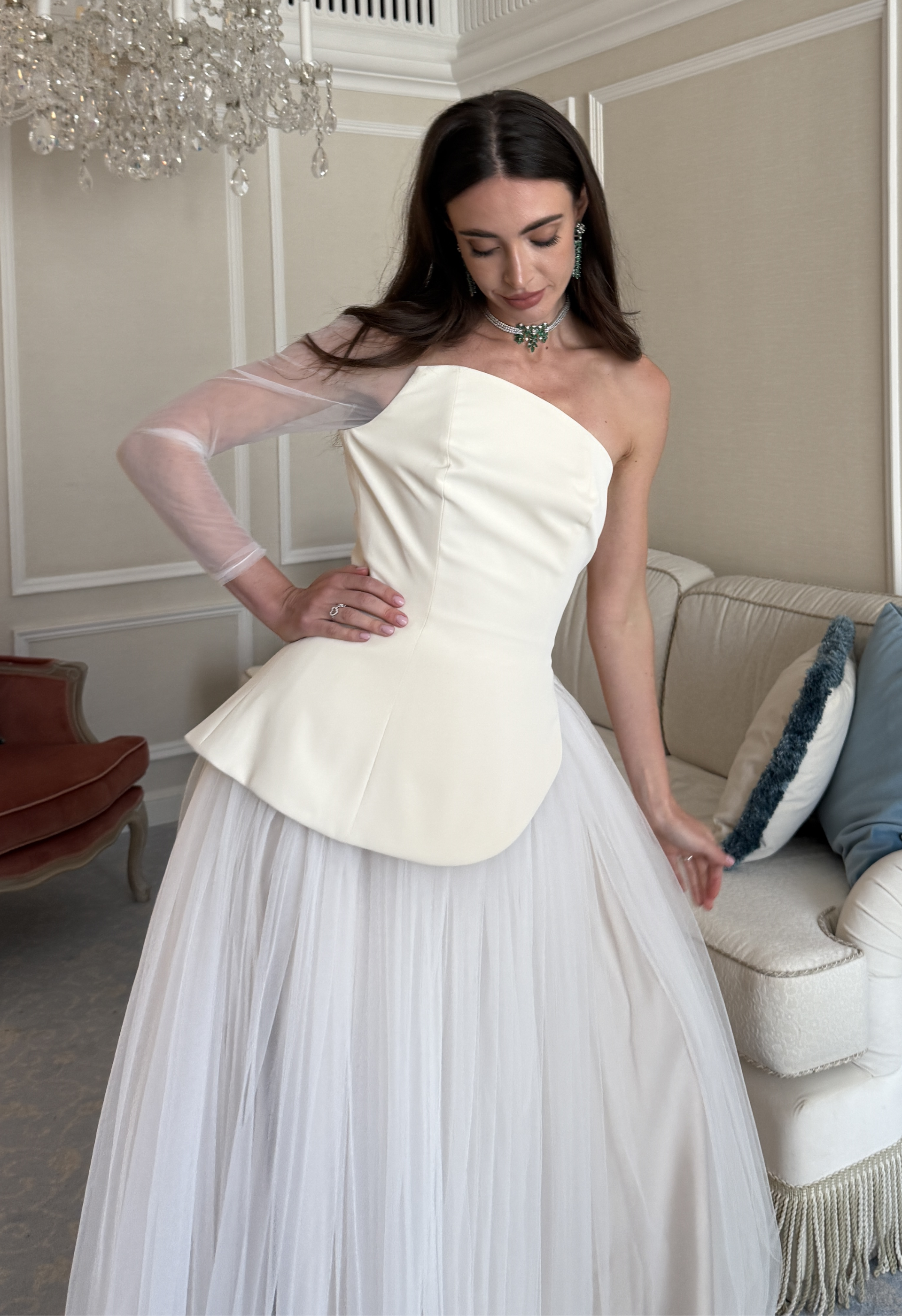 Asymmetric Crepe Gown with Tulle Skirt and Tulle Sleeve