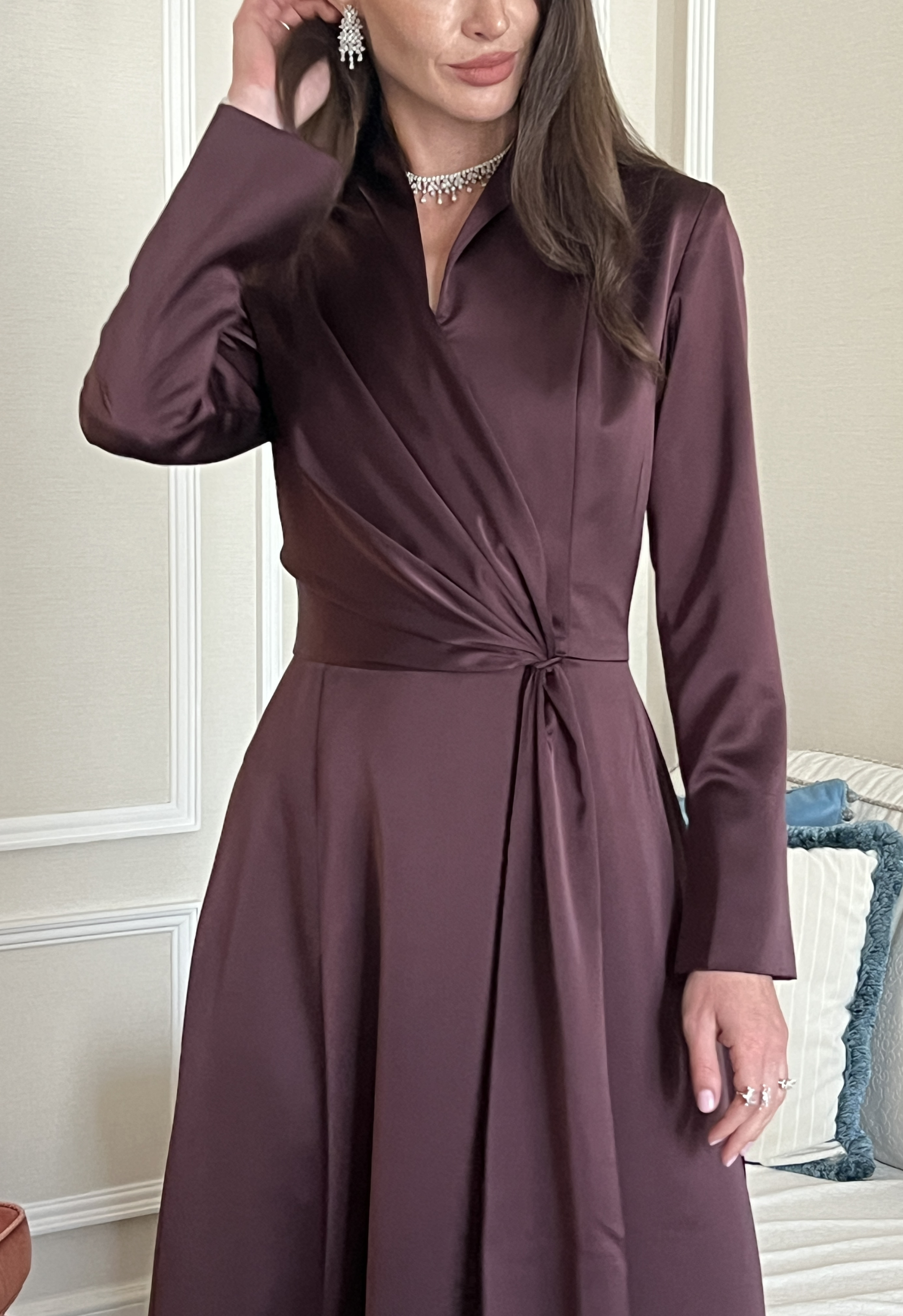 Long Sleeve Collared Wrap A Line Gown