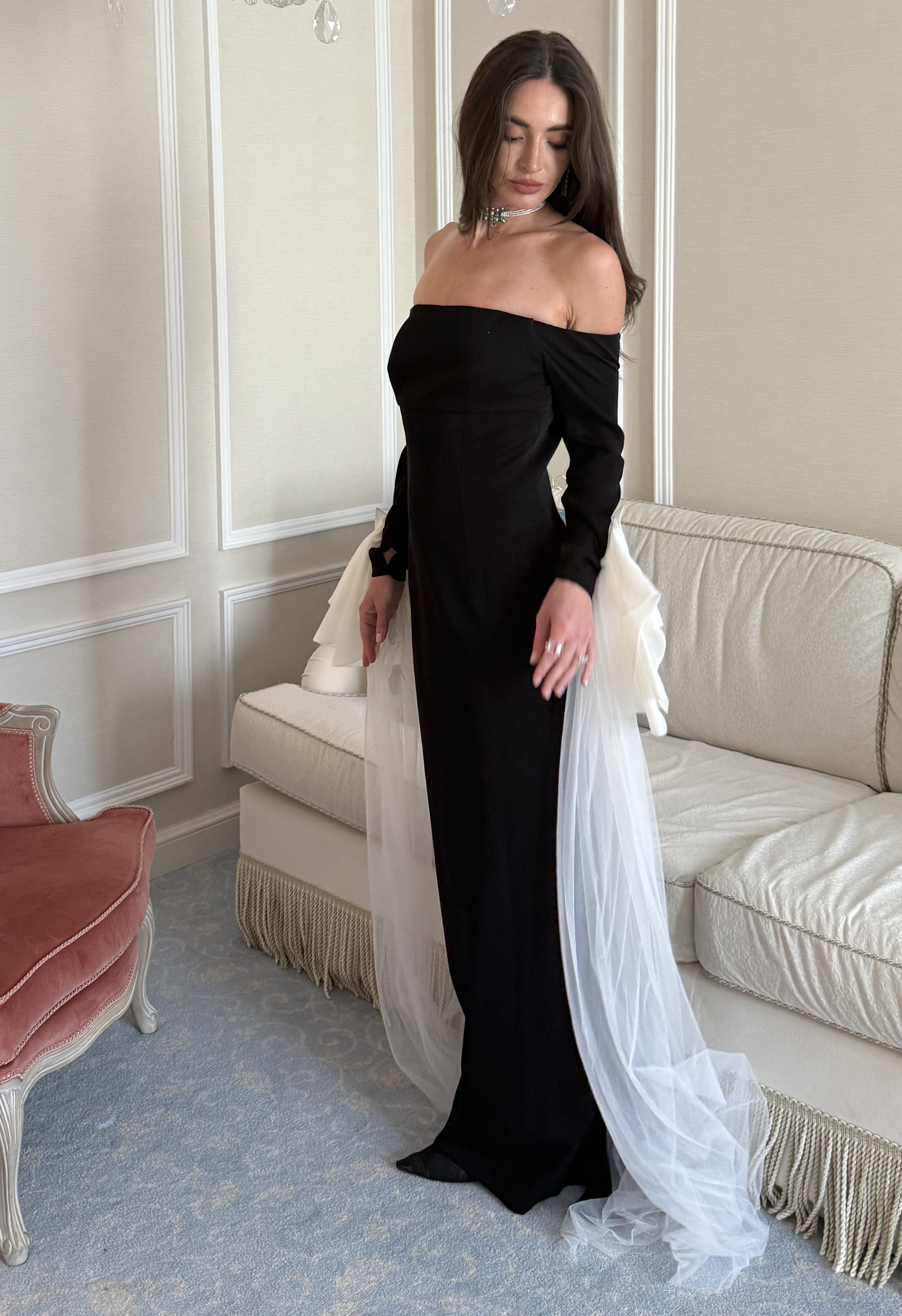 Off Shoulder Long Sleeve Skinny Gown with White Organza and Tulle Corsage