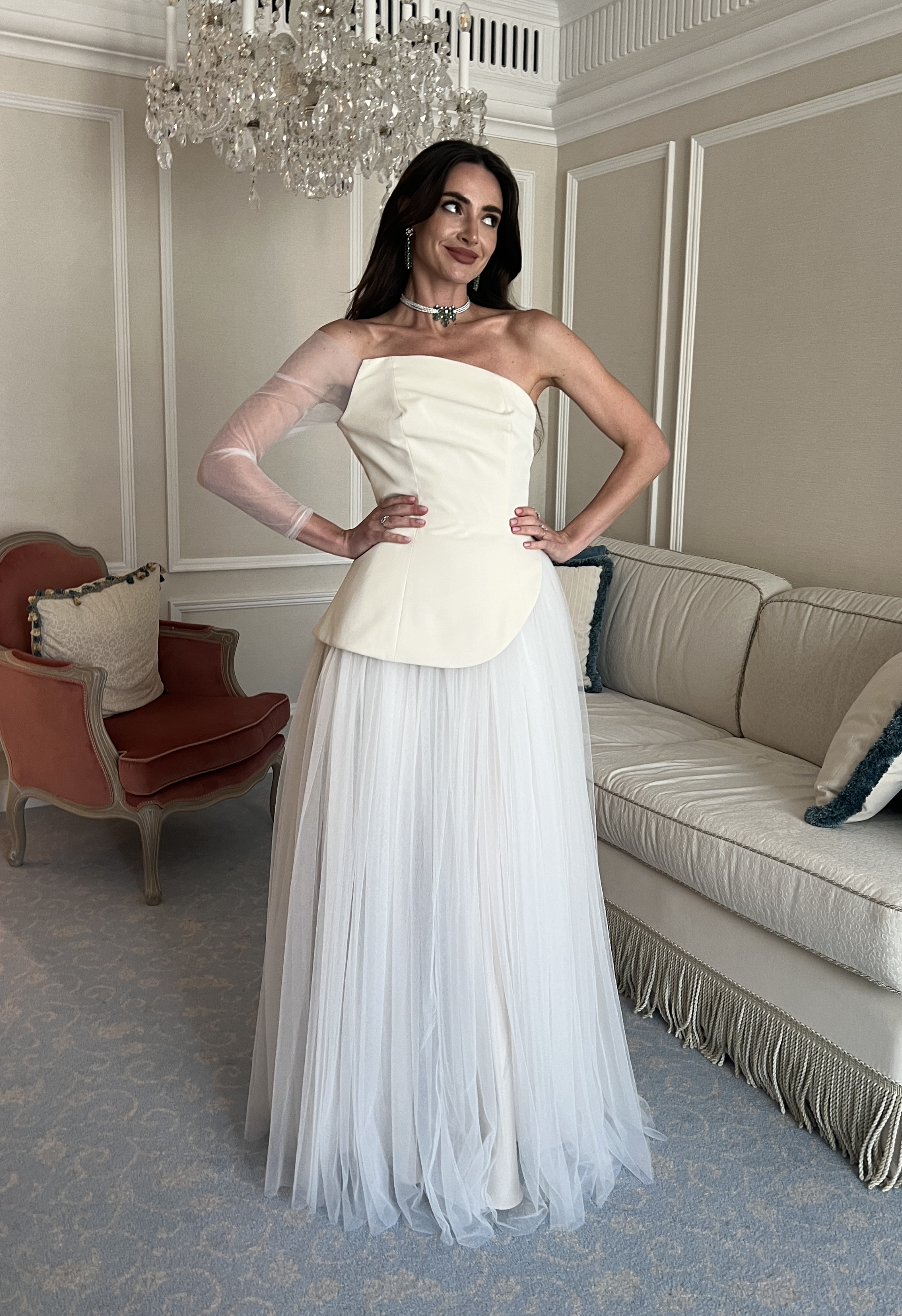 Asymmetric Crepe Gown with Tulle Skirt and Tulle Sleeve