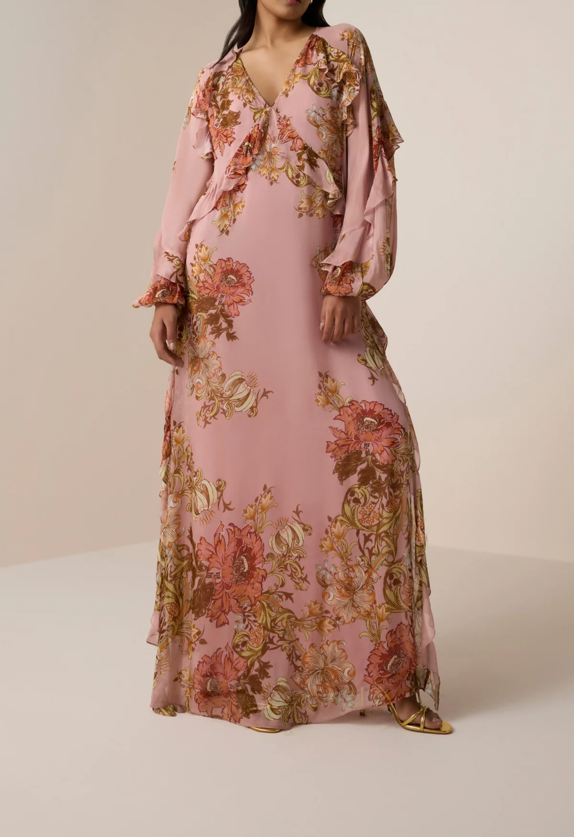 Pink Flat chiffon long ruffle Kaftan