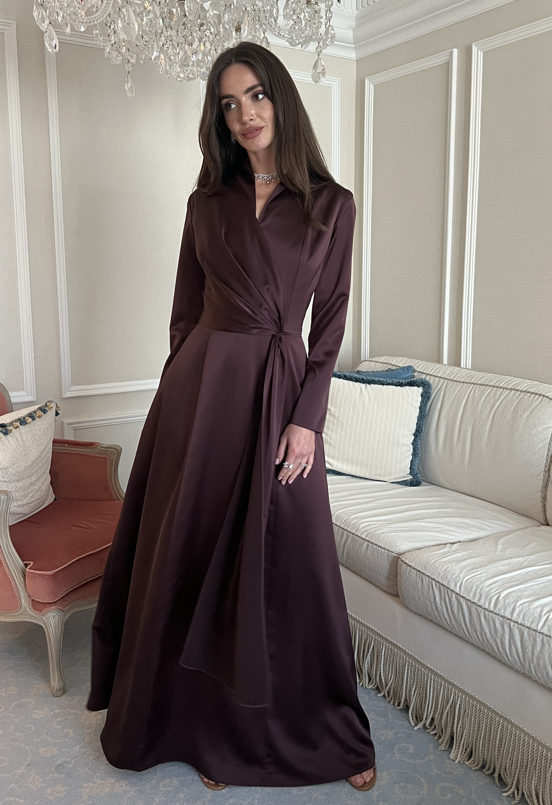 Long Sleeve Collared Wrap A Line Gown