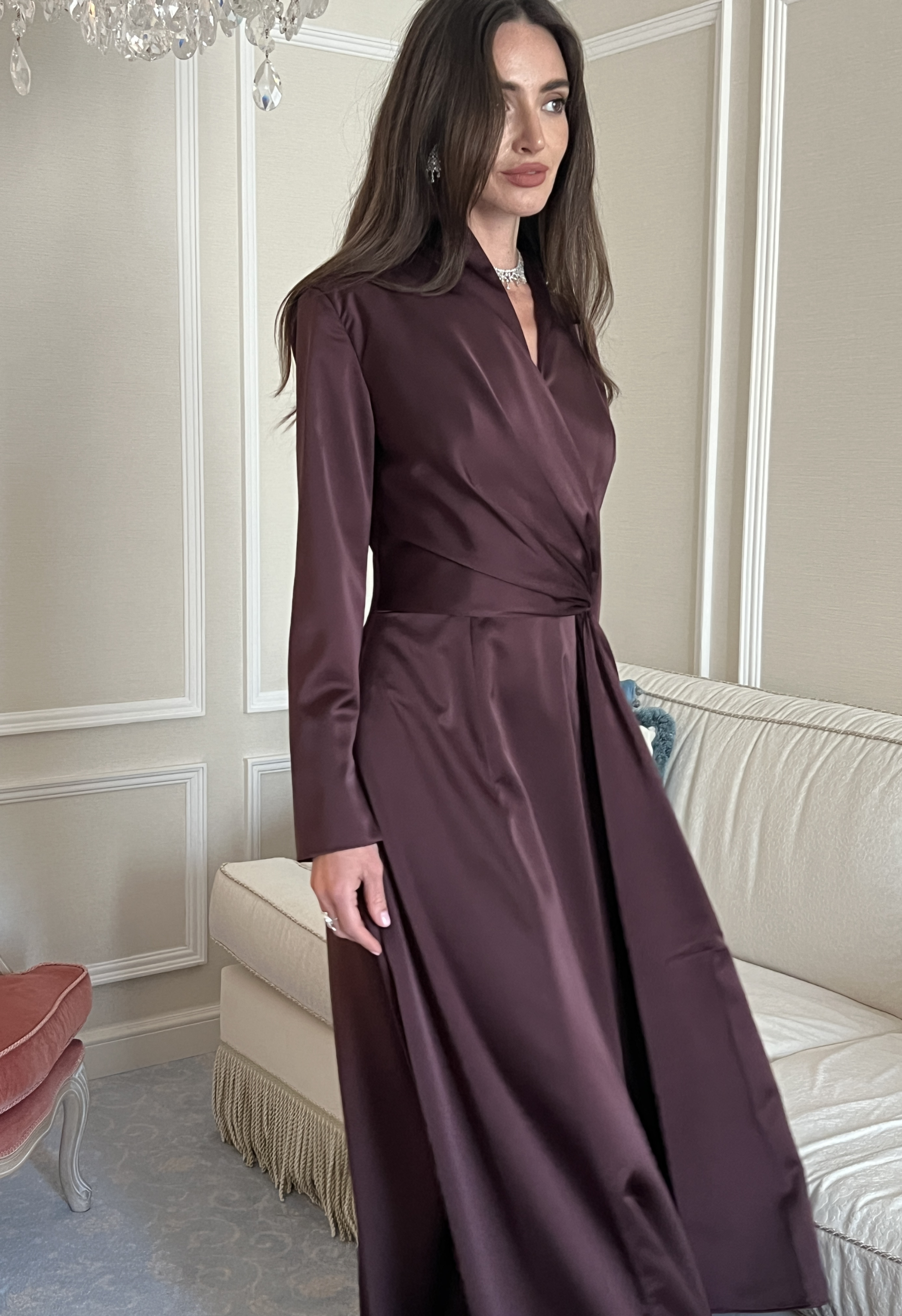 Long Sleeve Collared Wrap A Line Gown