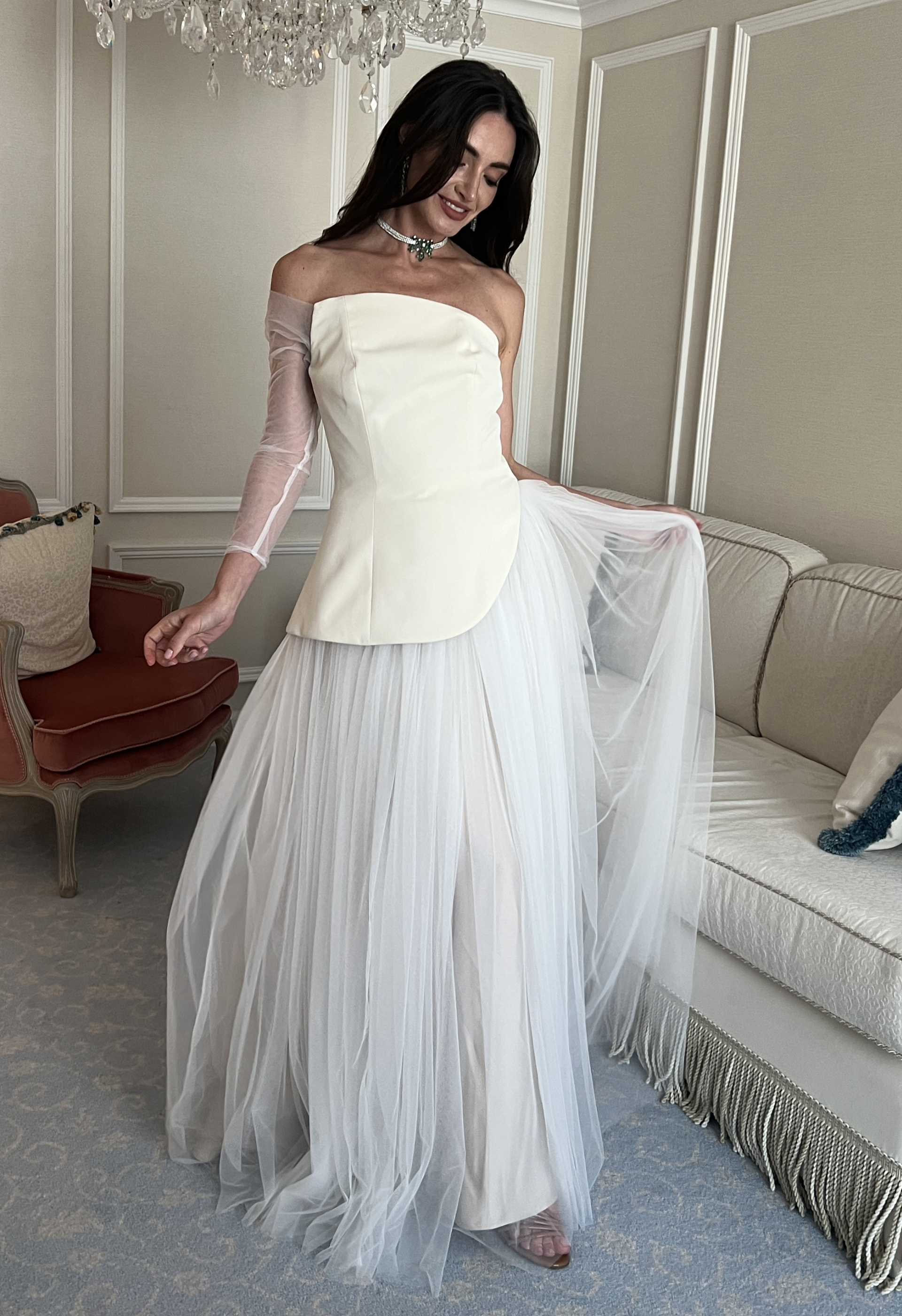 Asymmetric Crepe Gown with Tulle Skirt and Tulle Sleeve