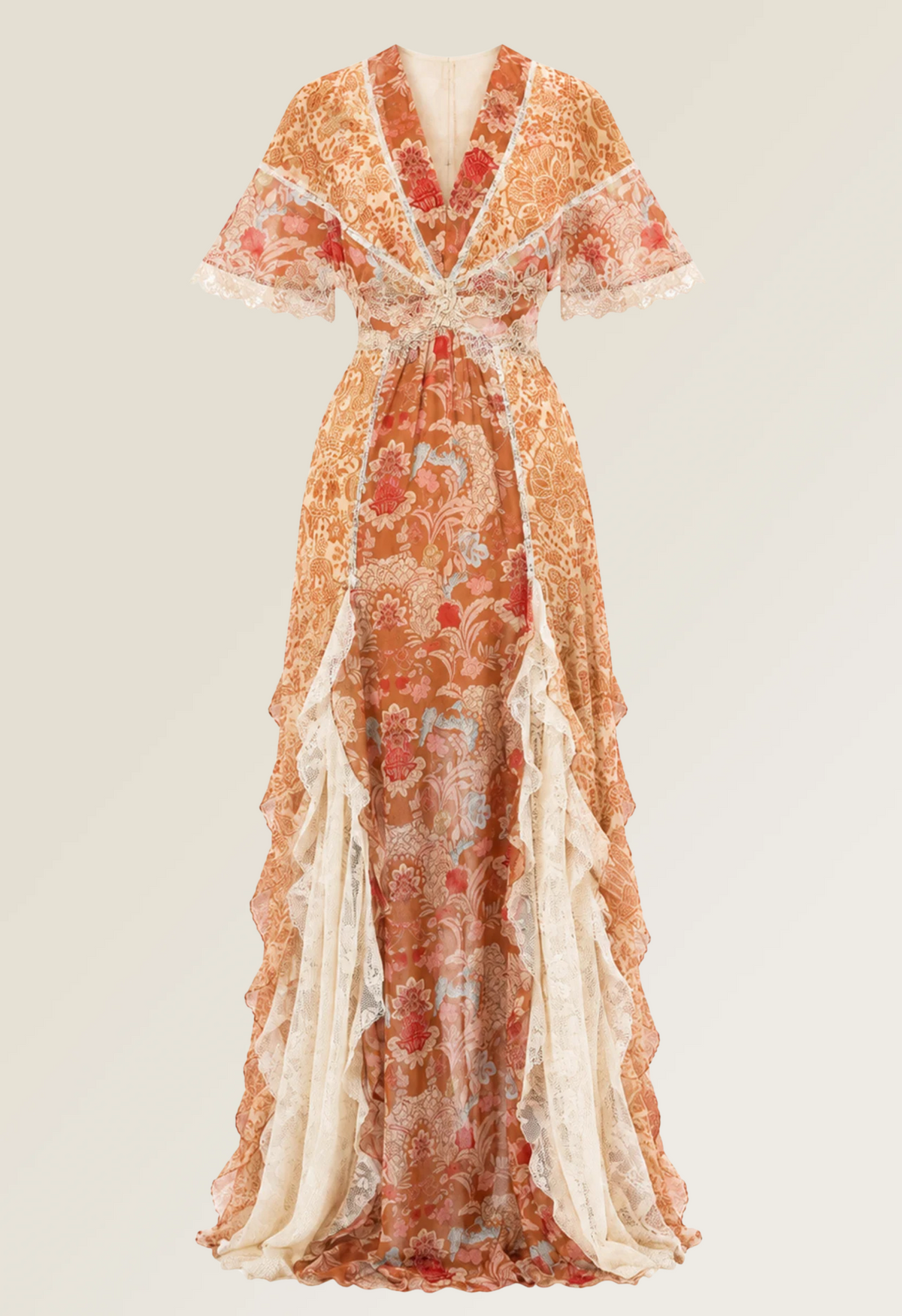 Baroque Lace Maxi Dress in Burnt Orange