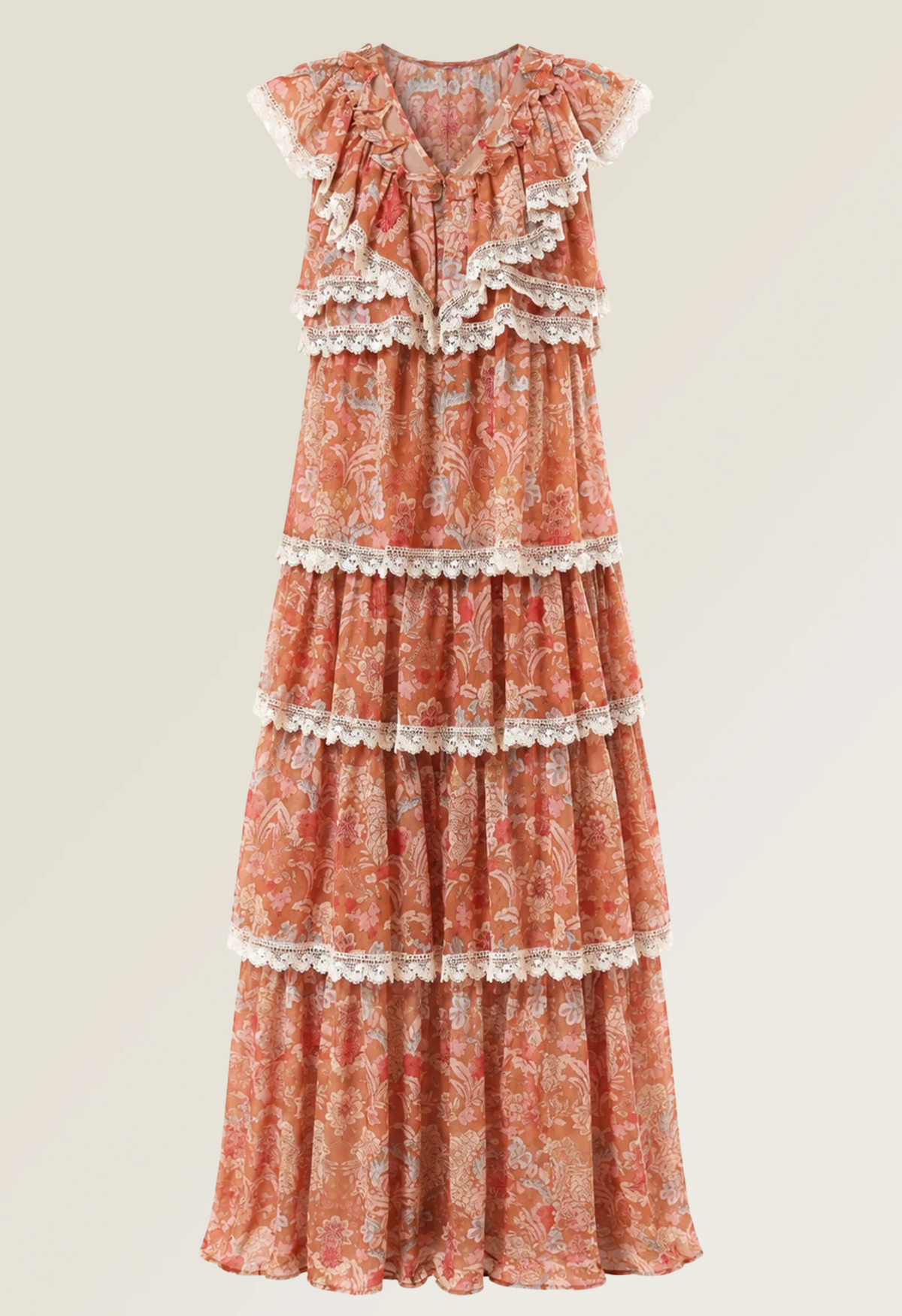 Baroque Lace Tiered Maxi Dress in Orange