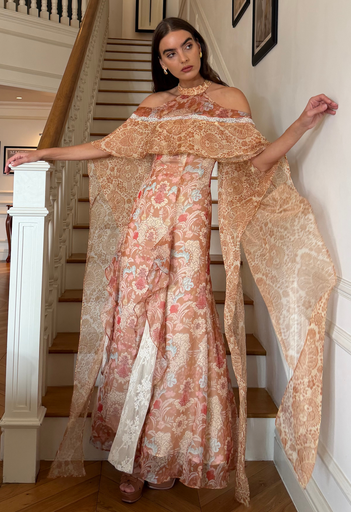 Baroque Halter Maxi Dress in Burnt Orange