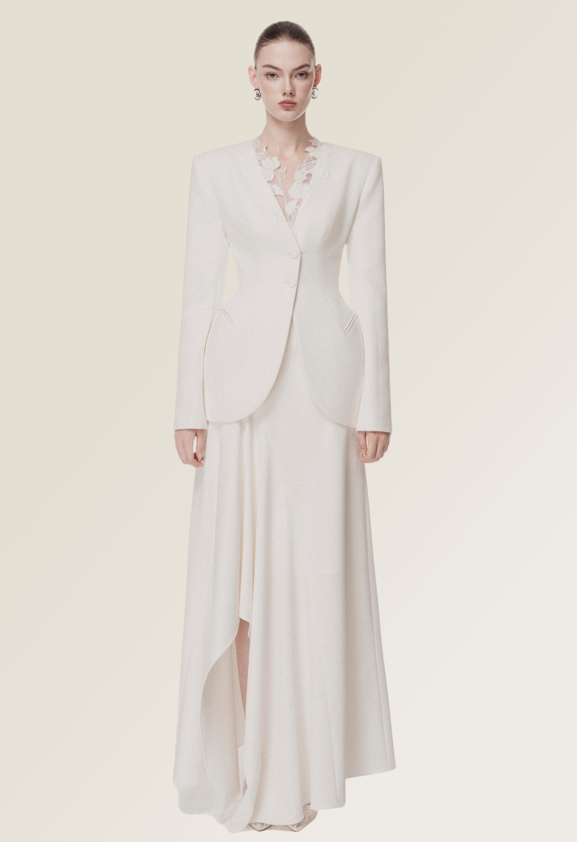 Ivory Draped Collar Tailored Set
