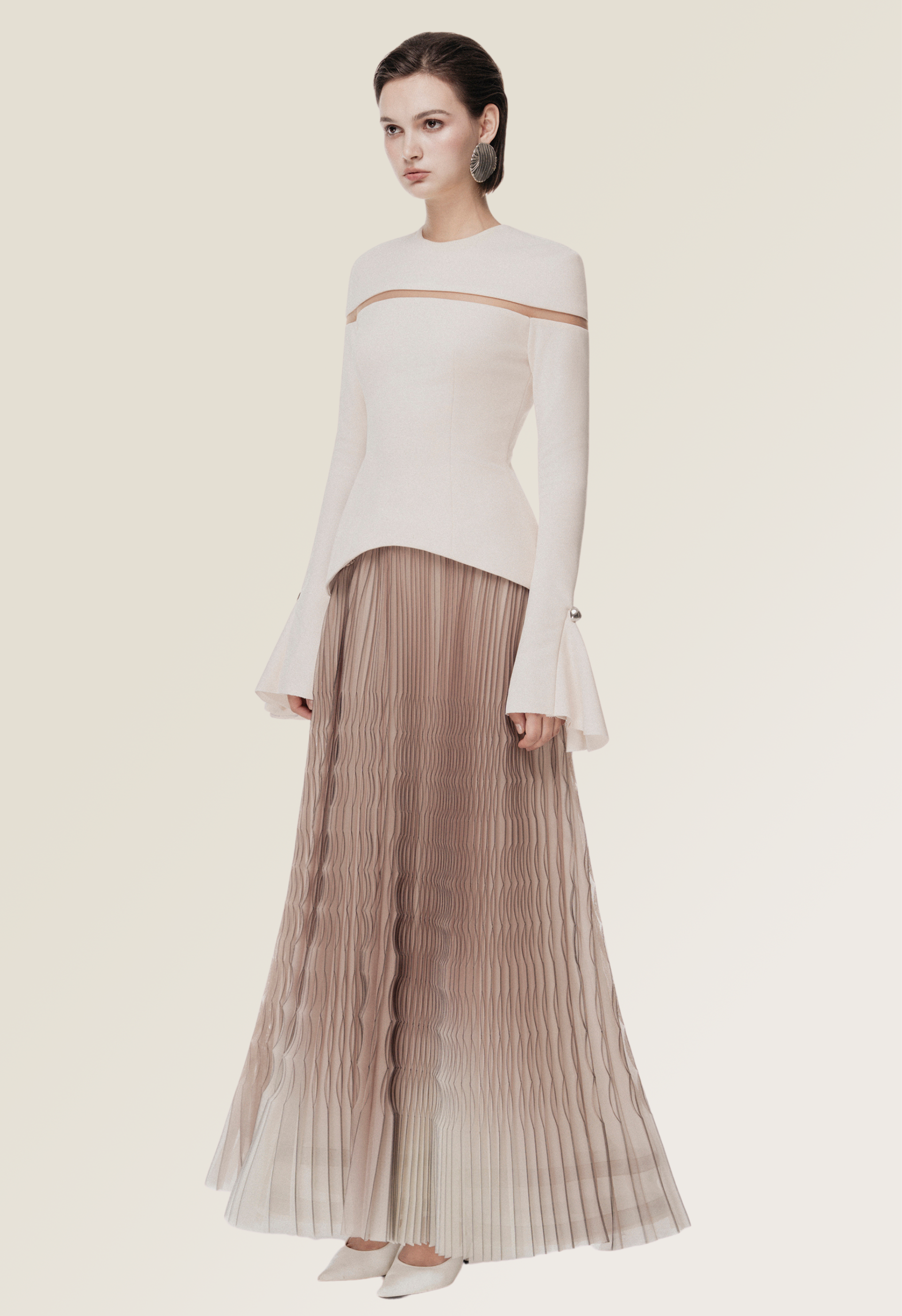 Cream Ombre Pleated Dress