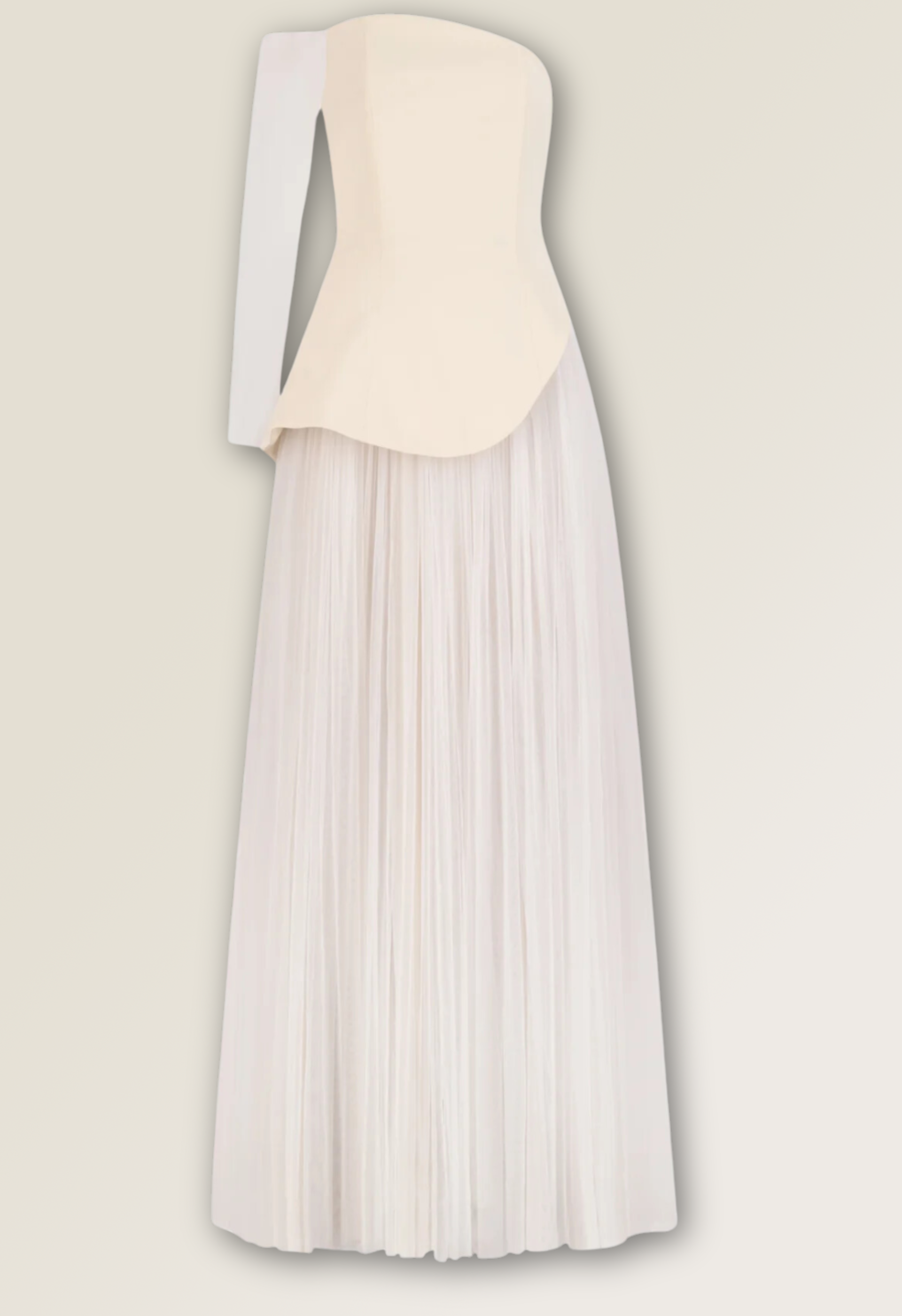 Asymmetric Crepe Gown with Tulle Skirt and Tulle Sleeve