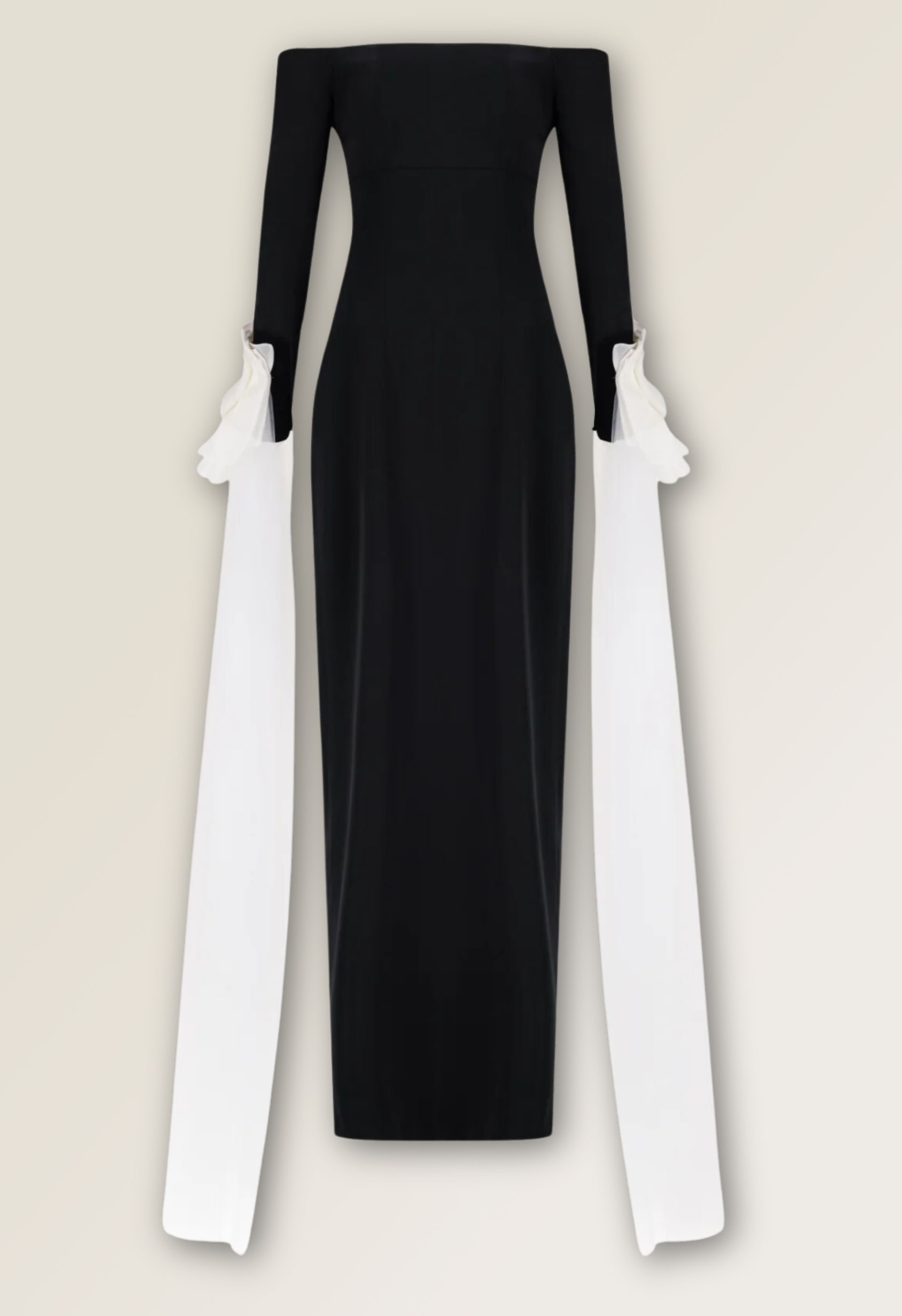 Off Shoulder Long Sleeve Skinny Gown with White Organza and Tulle Corsage