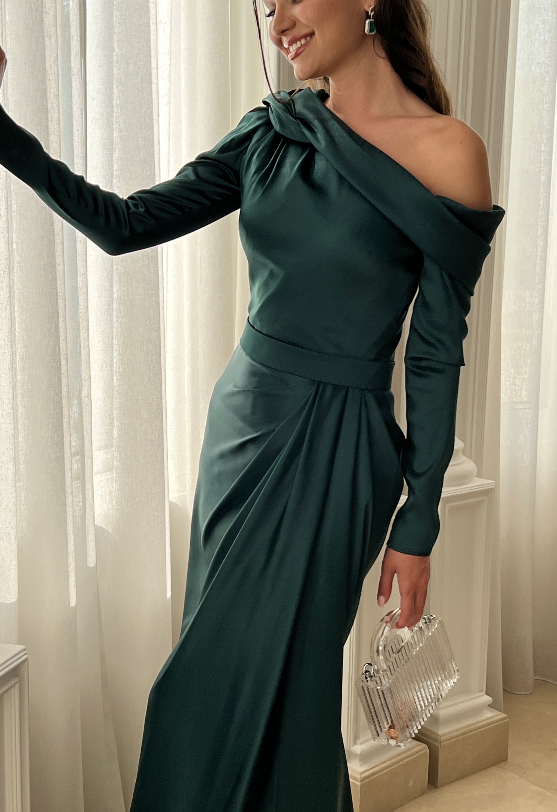 Asymmetrical draped neckline dress