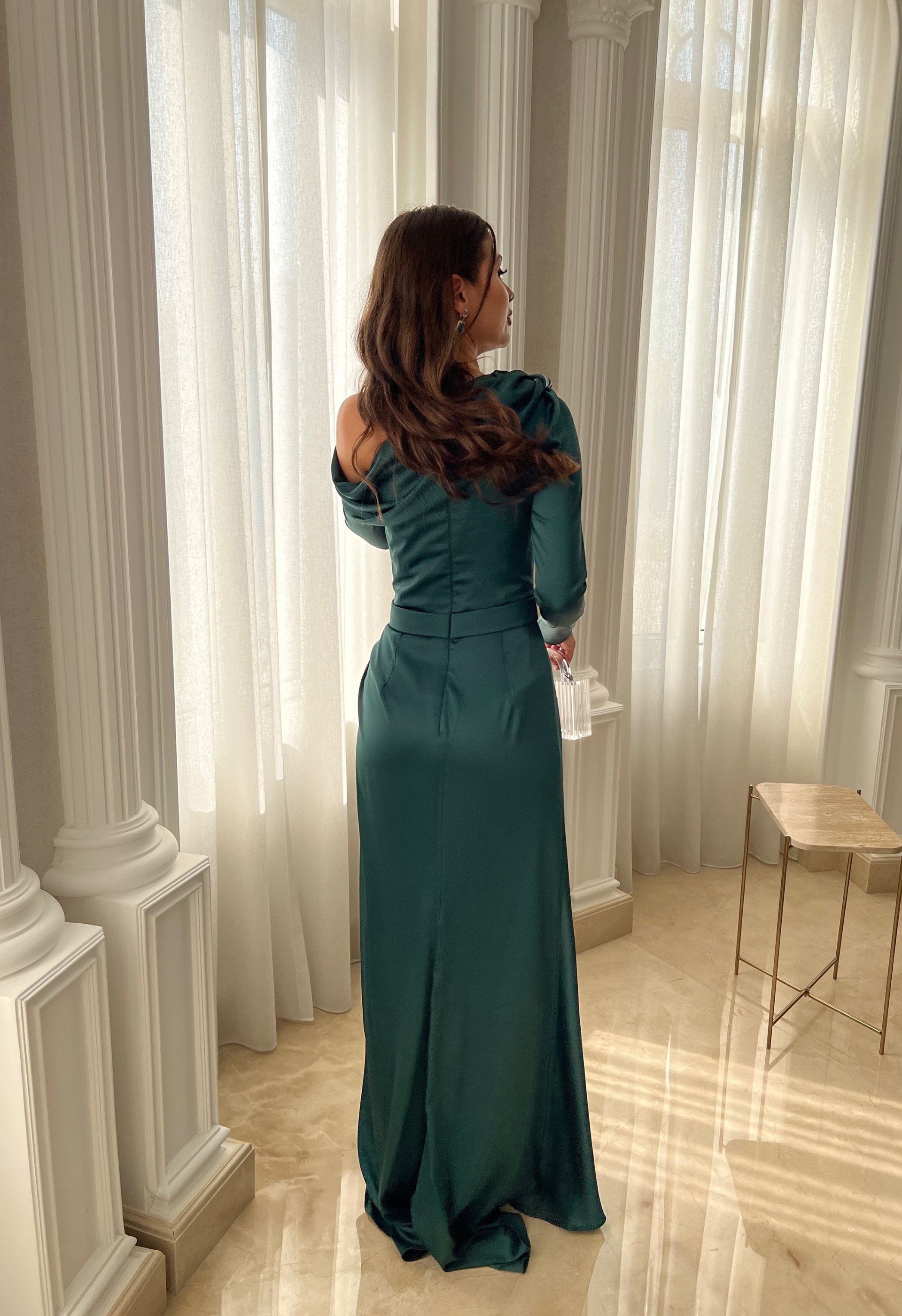 Asymmetrical draped neckline dress