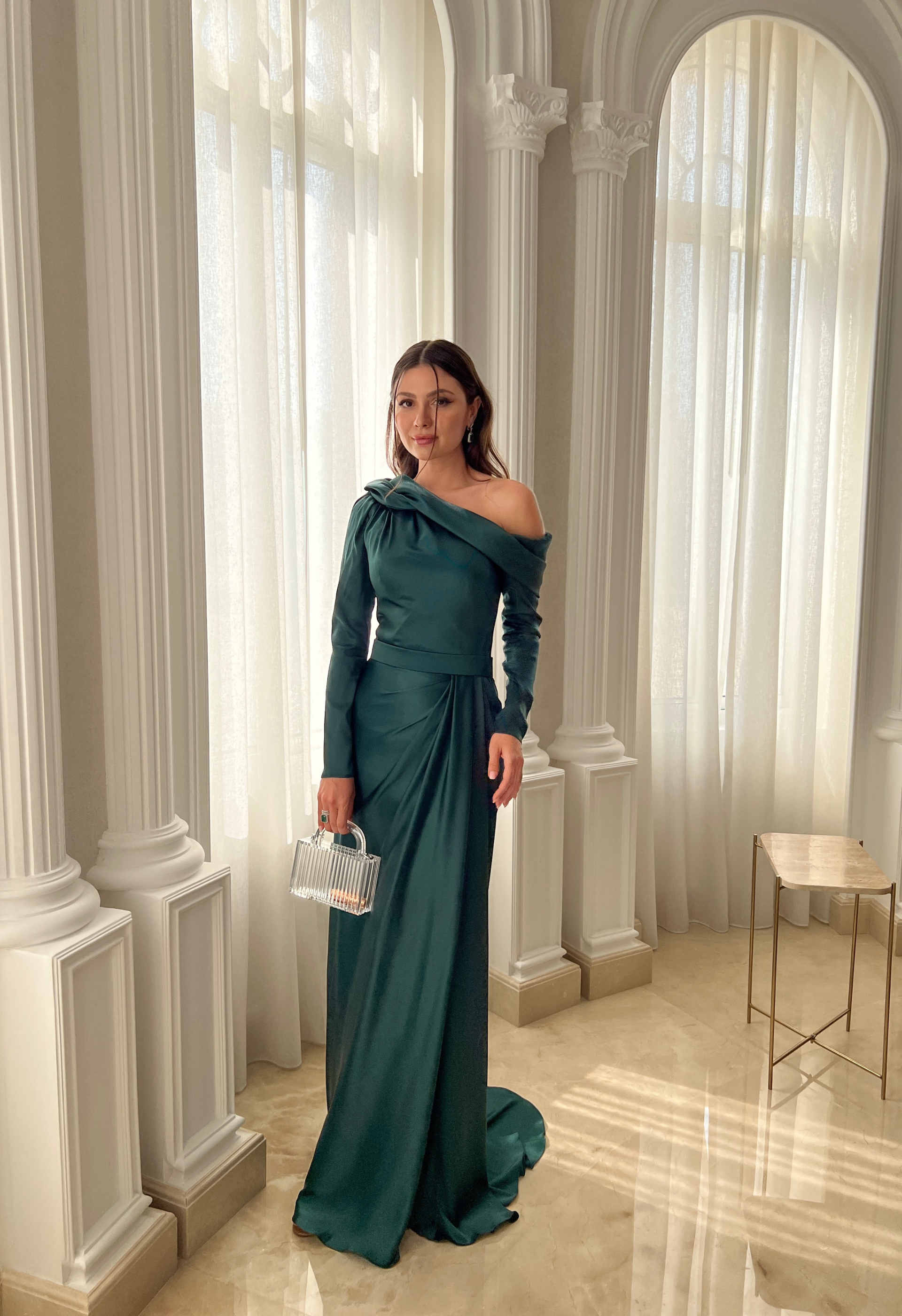 Asymmetrical draped neckline dress