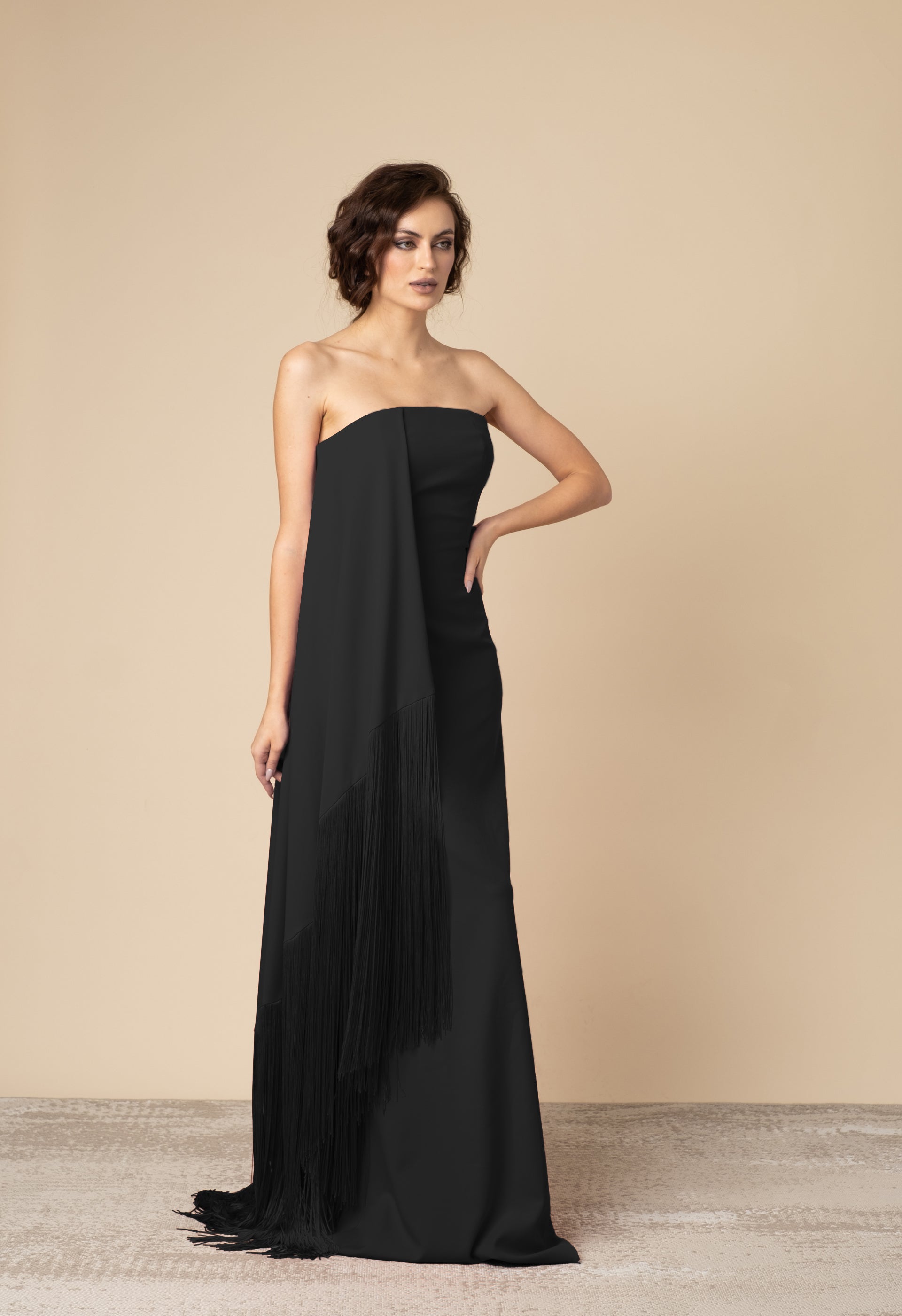 Long Strapless Dress in Crepe and Fringe In Black