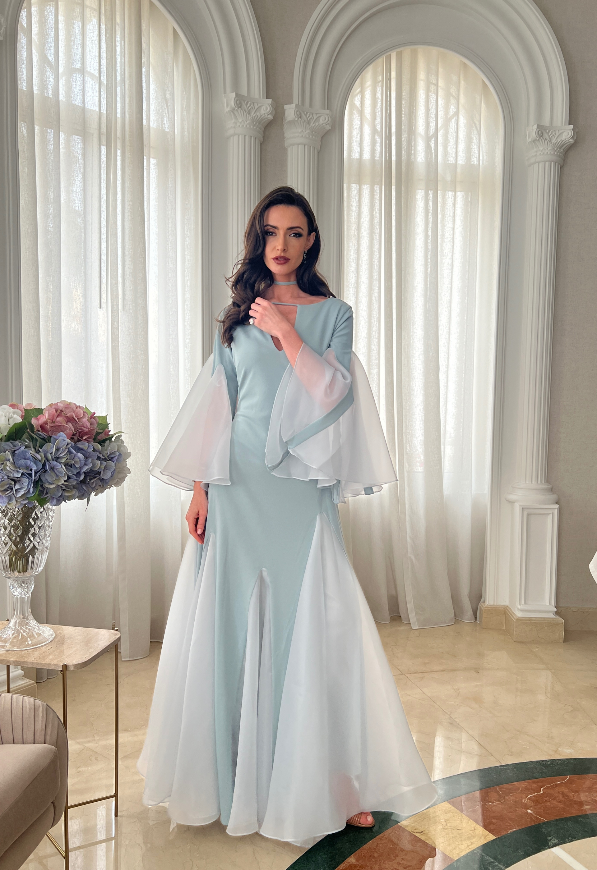 Long sleeve gown with organza