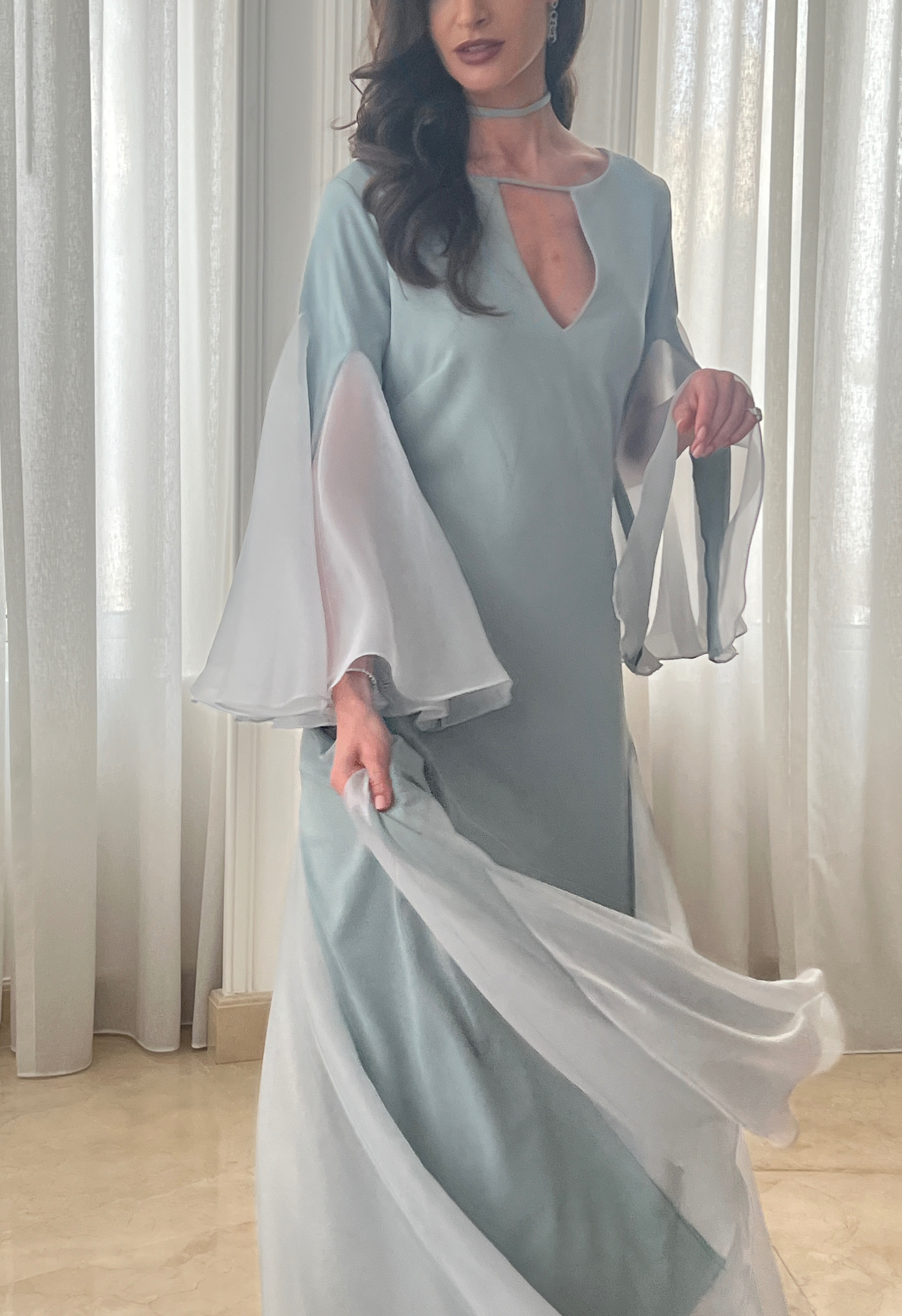 Long sleeve gown with organza