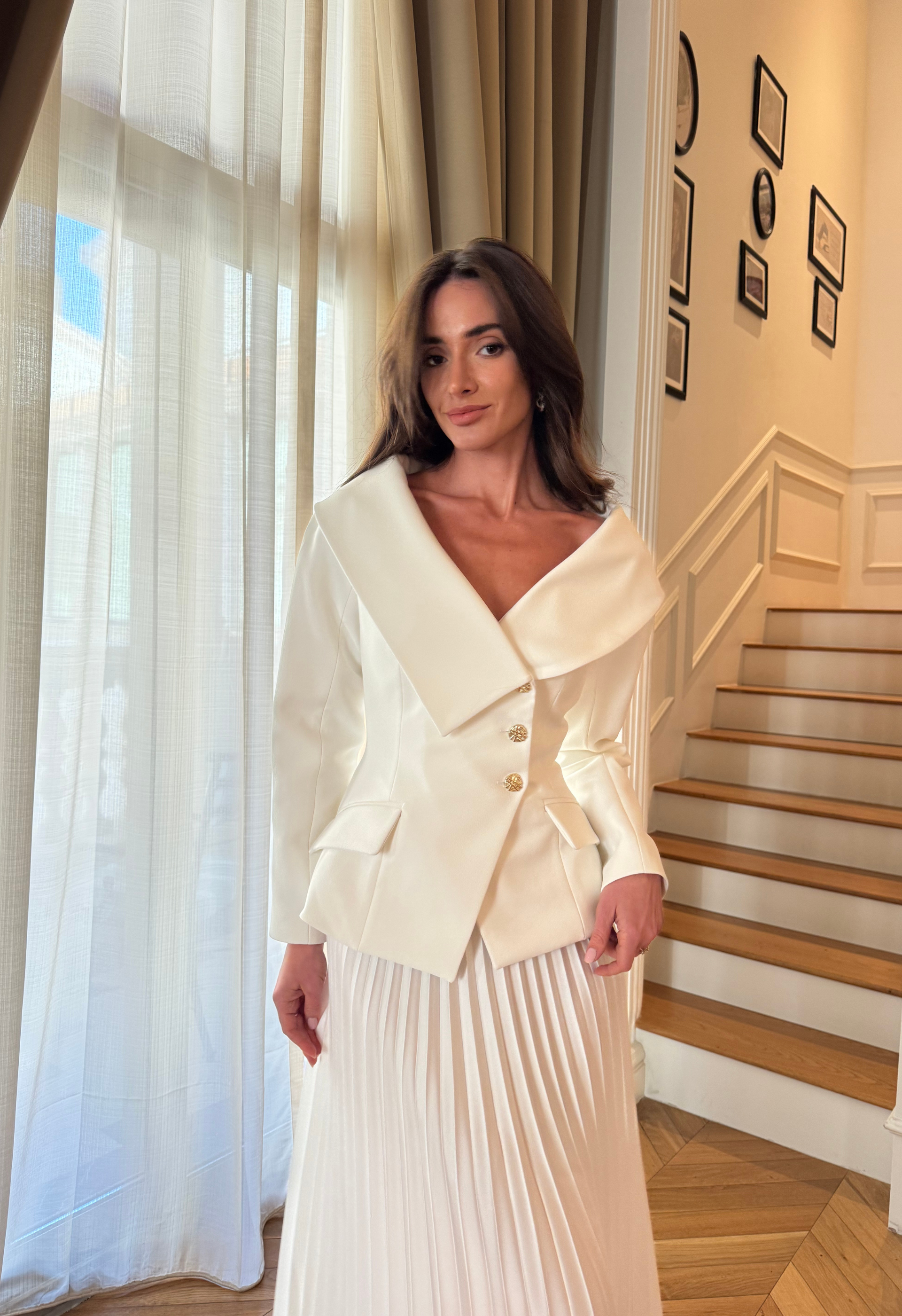 Pleated Blazer and  Skirt in White