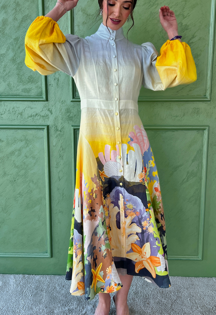 Nellie Midi Dress in Neptune Print in Seashell