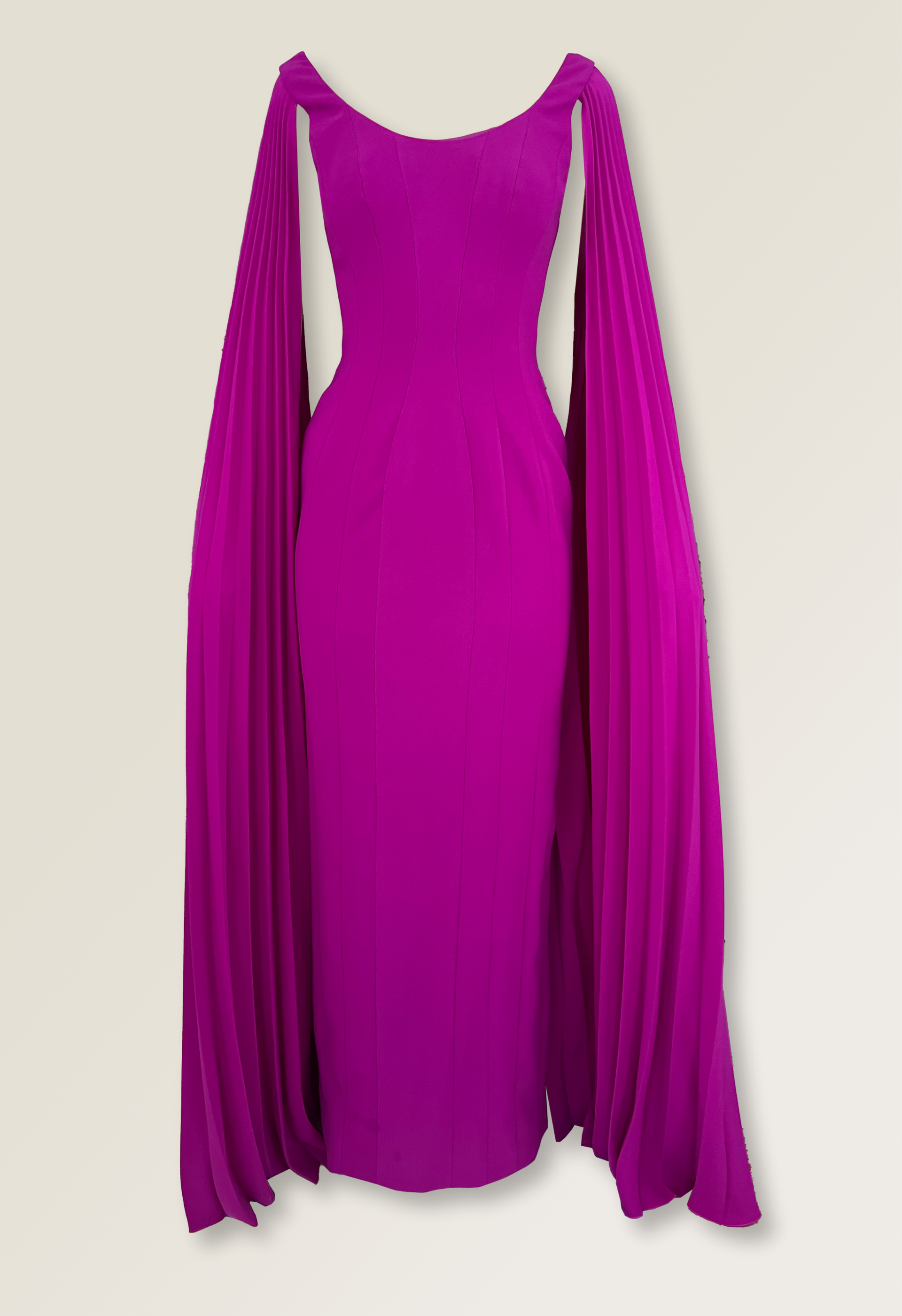 Gown with pleated cape sleeves
