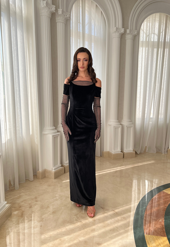 Off shoulder velvet deals gown