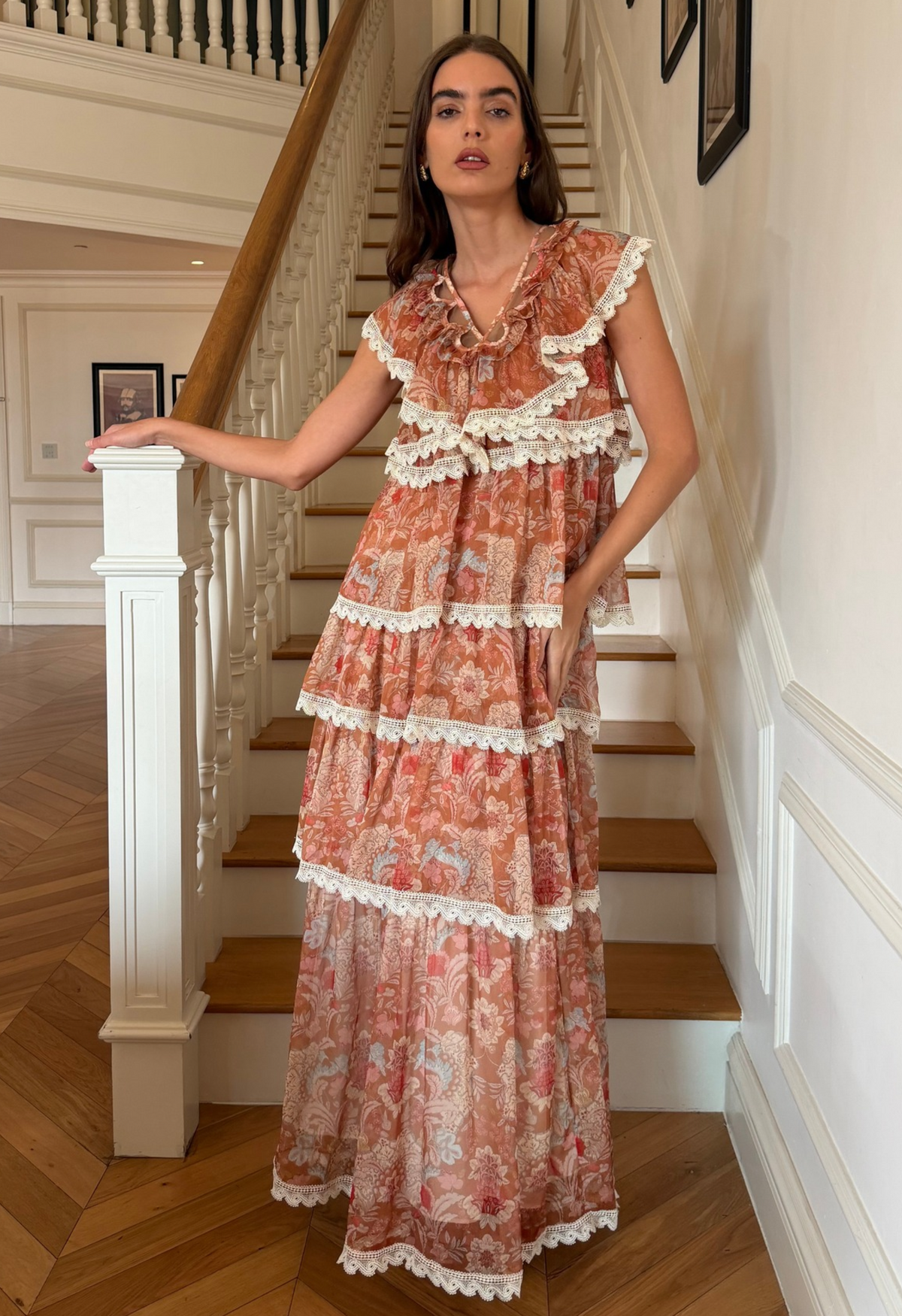 Baroque Lace Tiered Maxi Dress in Orange