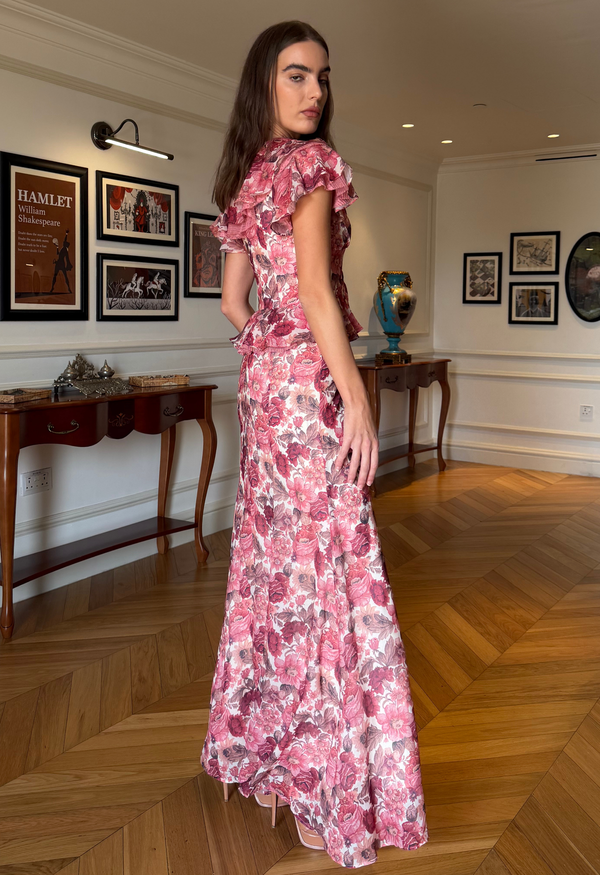 Floral Ruffle Maxi Dress in Red Ochre
