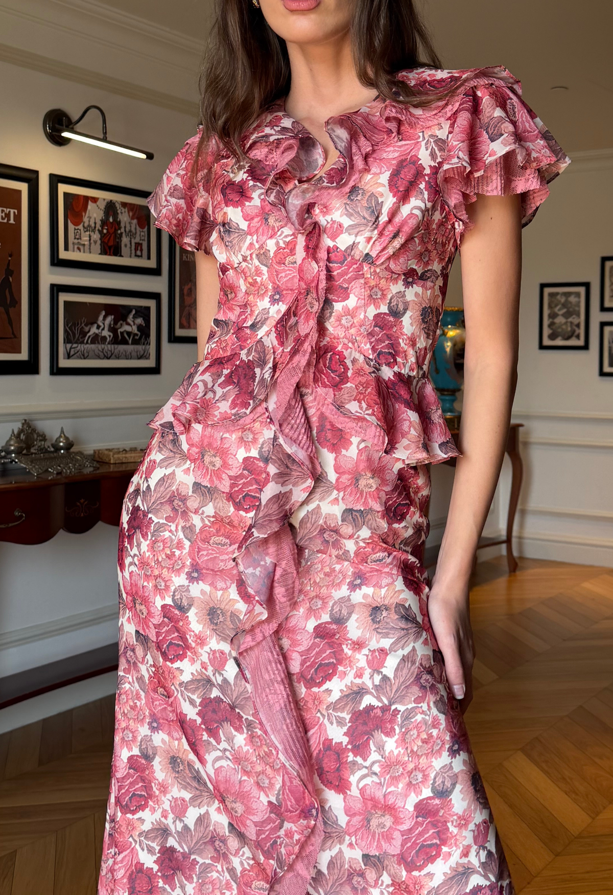 Floral Ruffle Maxi Dress in Red Ochre