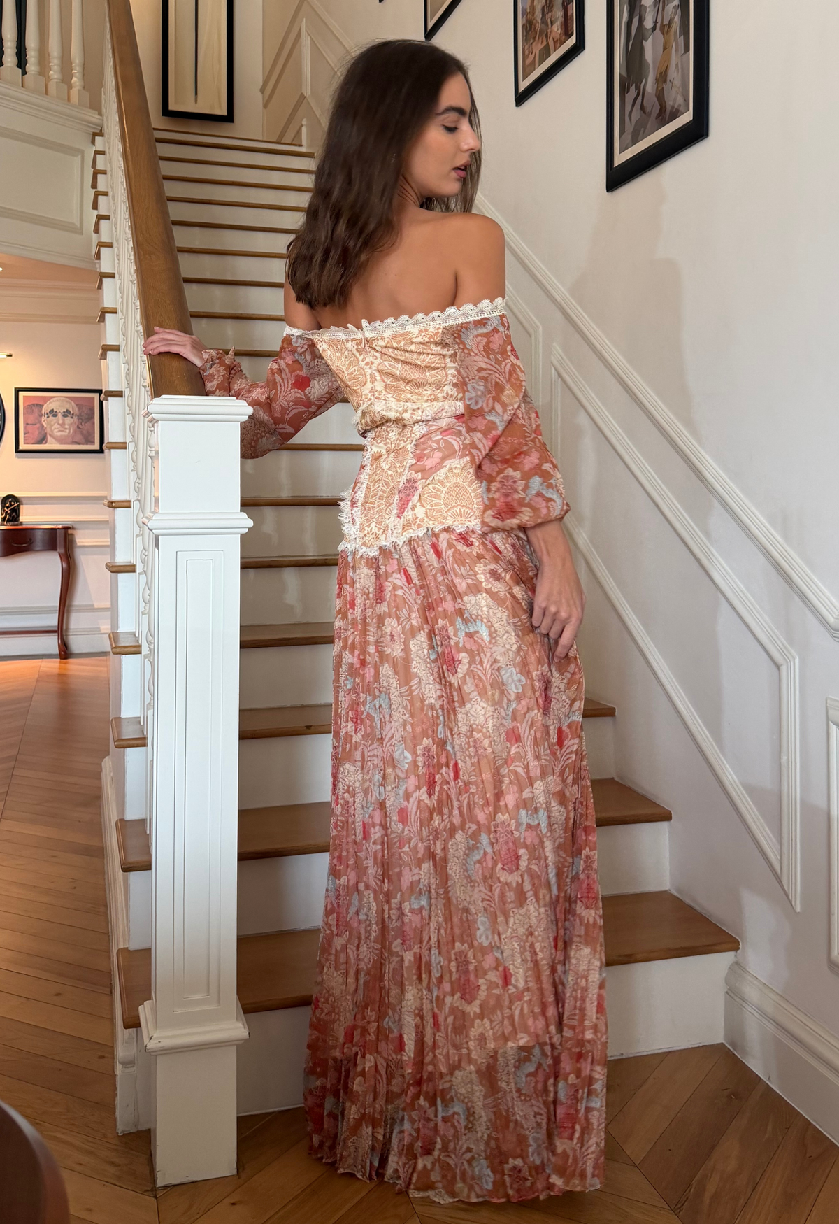 Off-Shoulder Baroque Dress in Burnt Orange