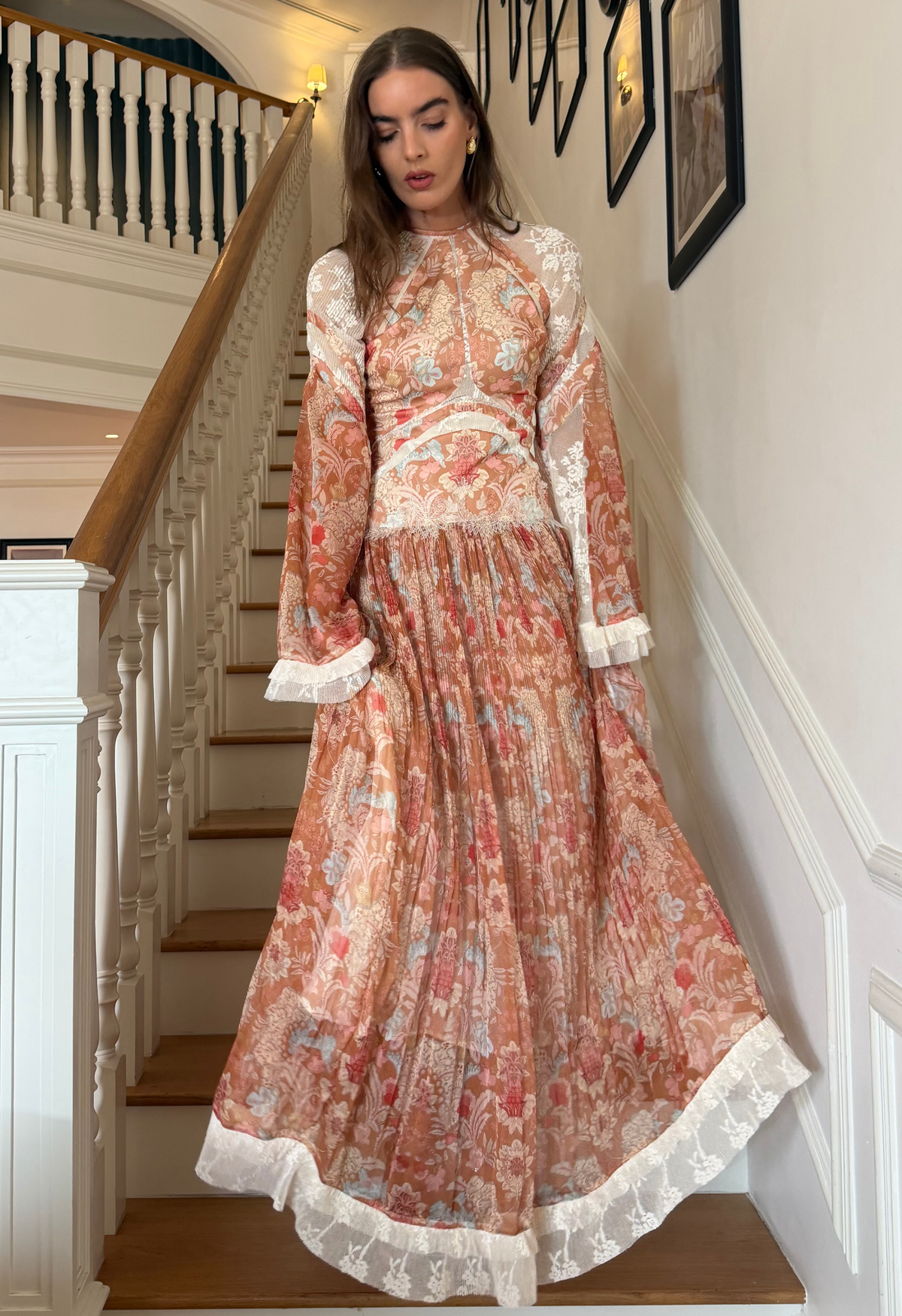 Baroque Pleated Maxi Dress in Burnt Orange