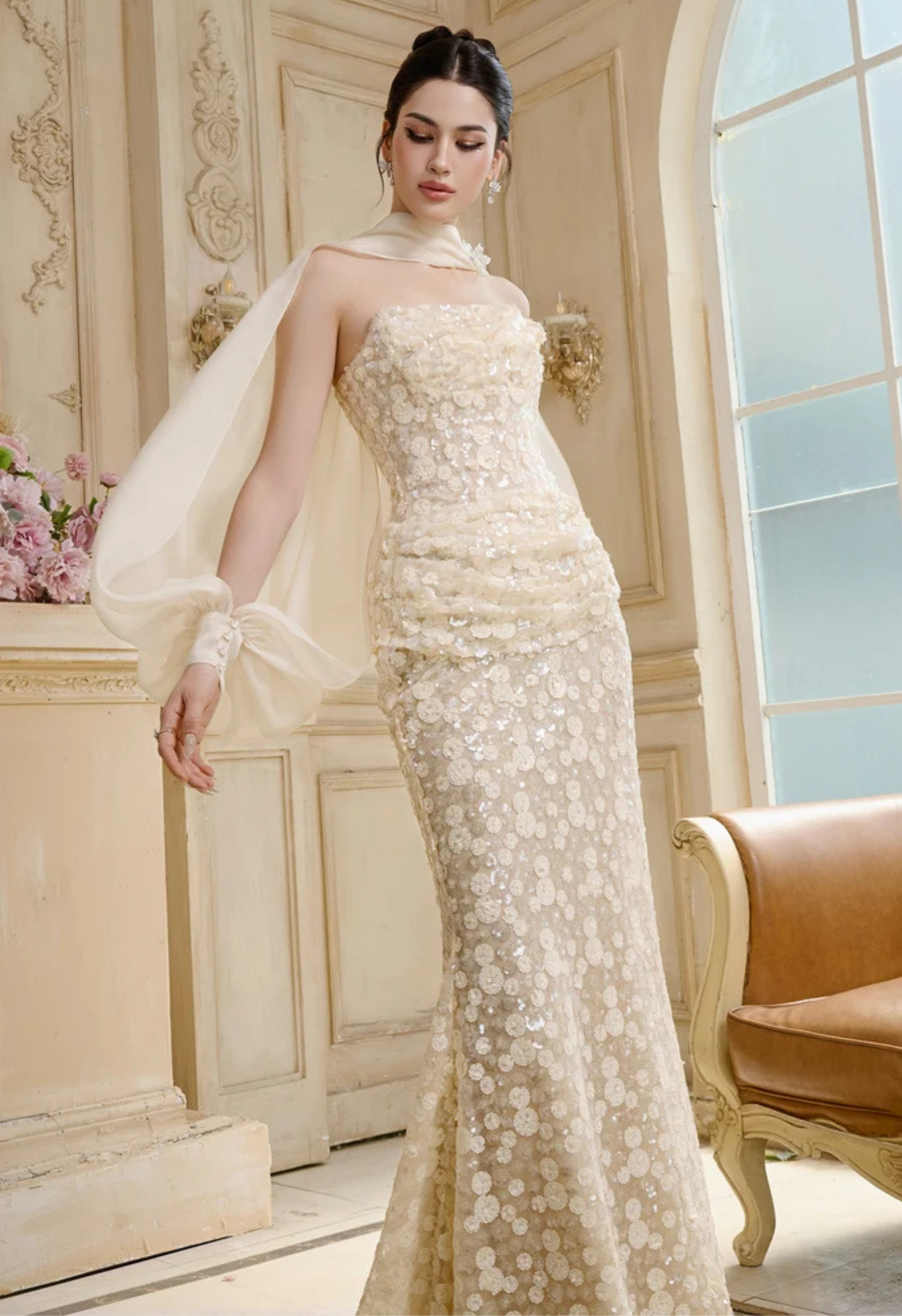 Solstice Floral Embellished Mermaid Gown with Cape
