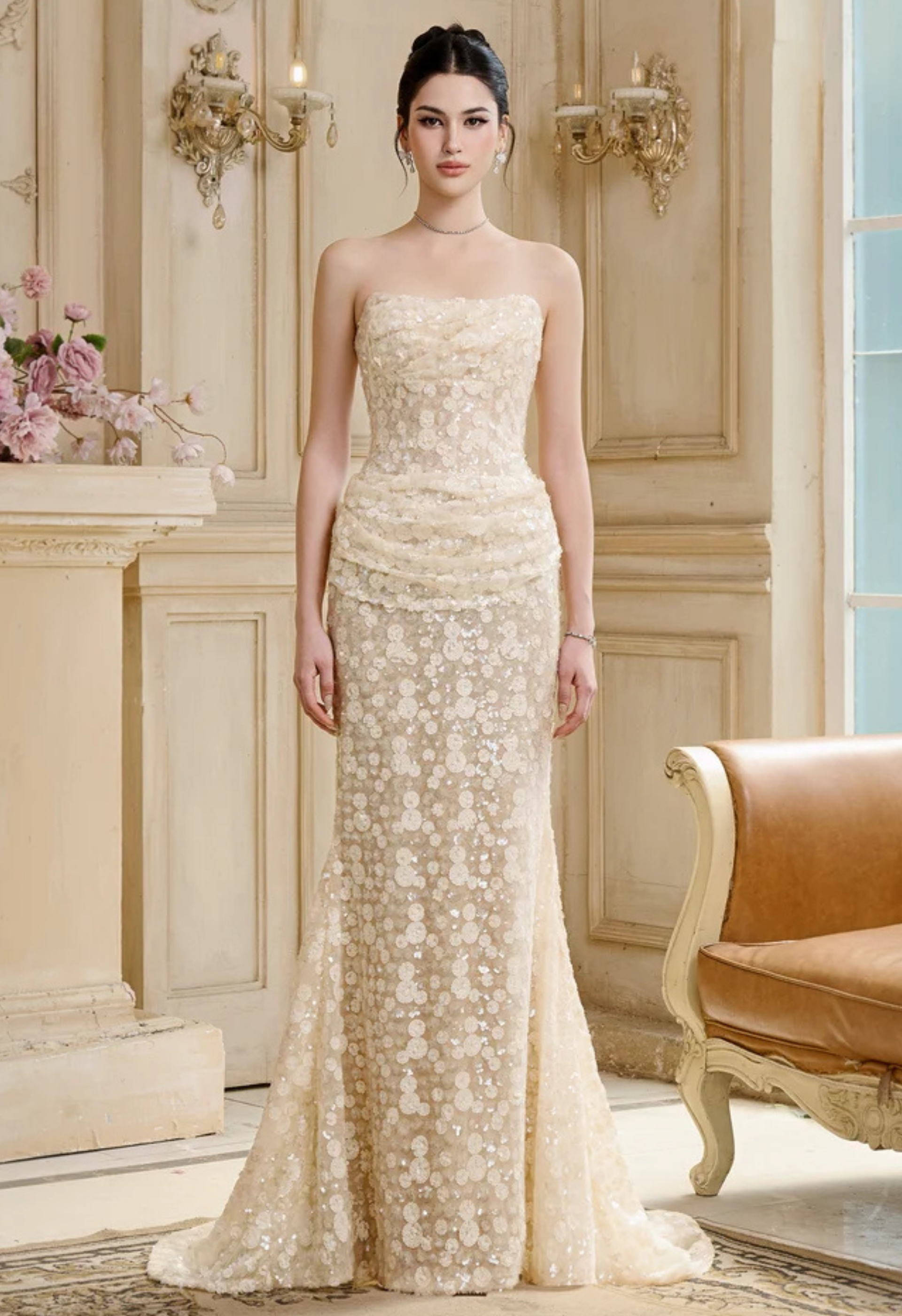 Solstice Floral Embellished Mermaid Gown with Cape